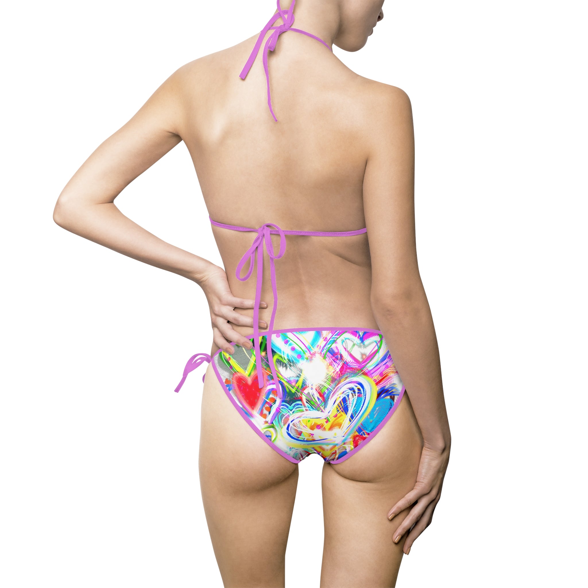 Tie-Side Bikini - Colorful Abstract Heart Print Women's Swimsuit