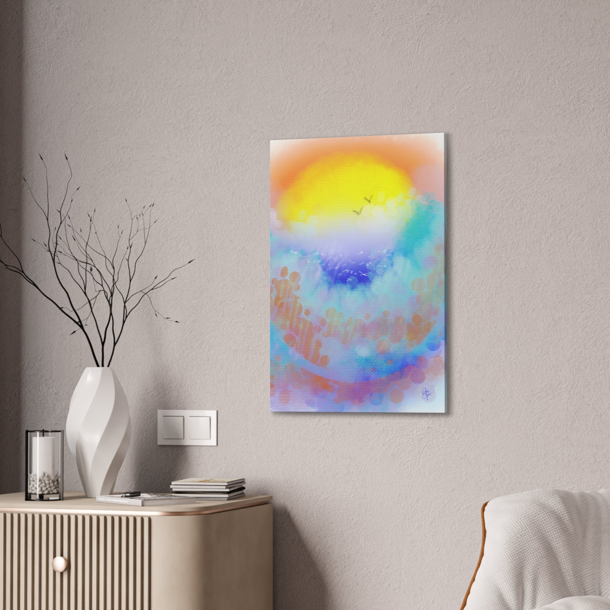 Sunrise Seascape Canvas Wall Art – Pastel Ocean Waves with Birds