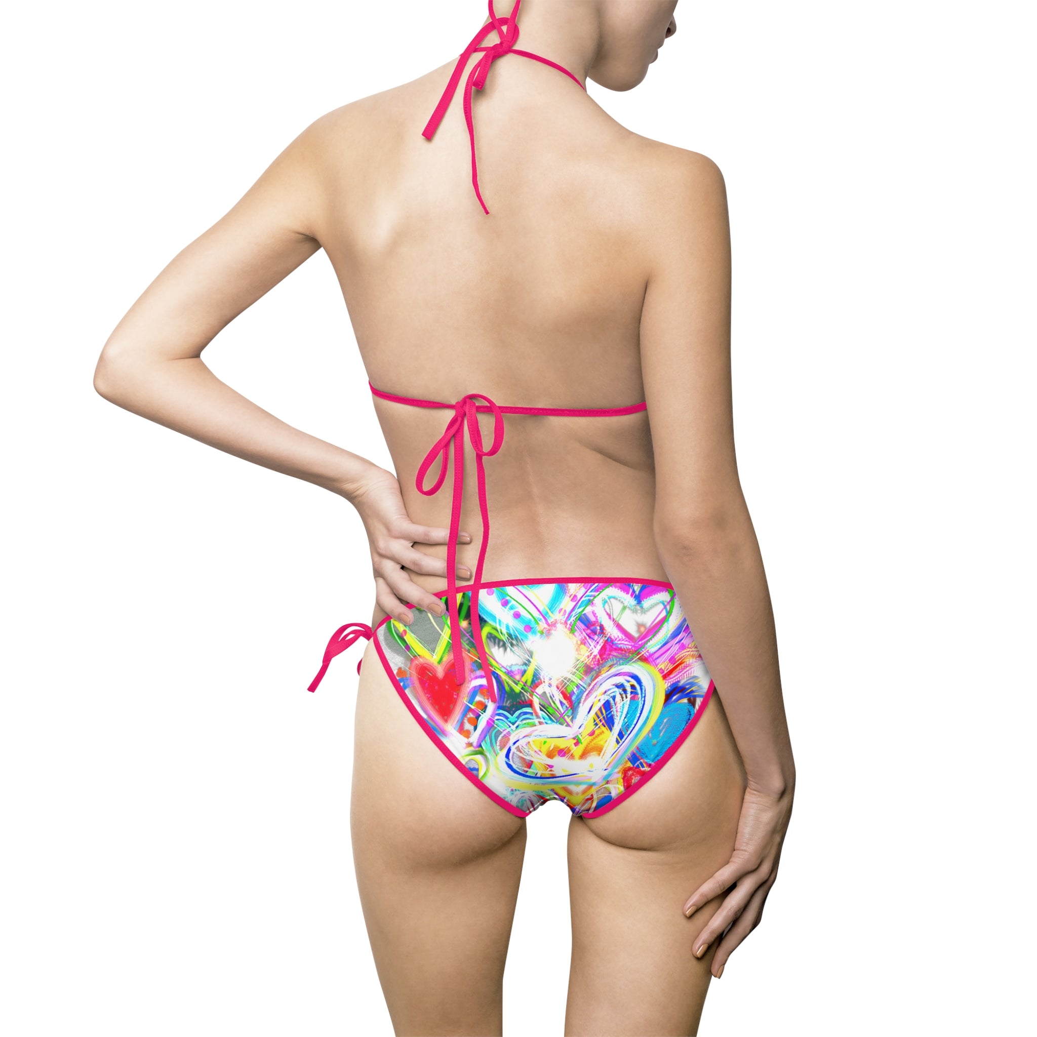 Tie-Side Bikini - Colorful Abstract Heart Print Women's Swimsuit