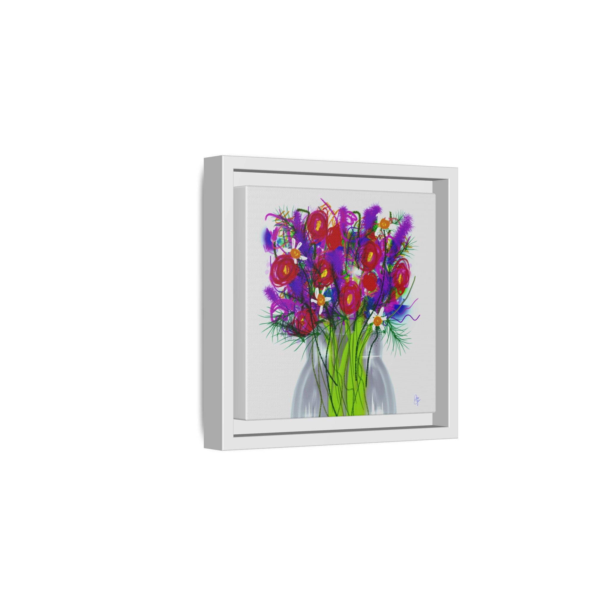 Framed Floral Bouquet Matte Canvas Wall Art — Colorful Abstract Flowers in Vase