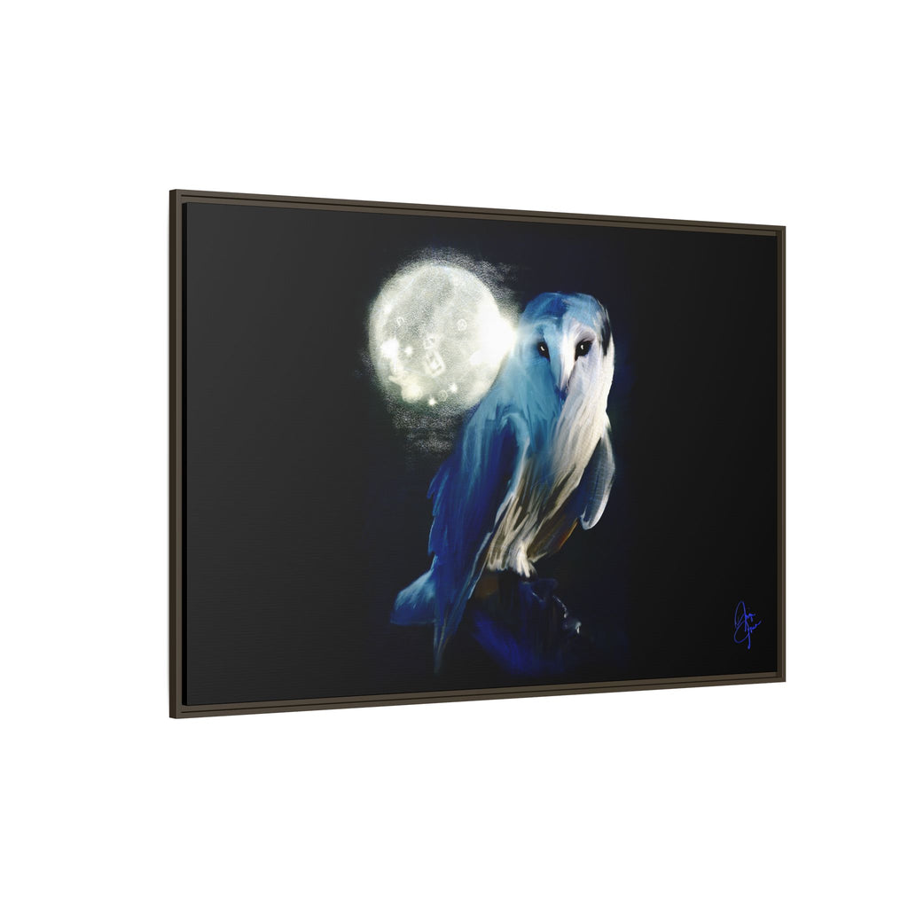 Moonlight Owl Matte Framed Canvas — Mystical Blue Owl Wall Art