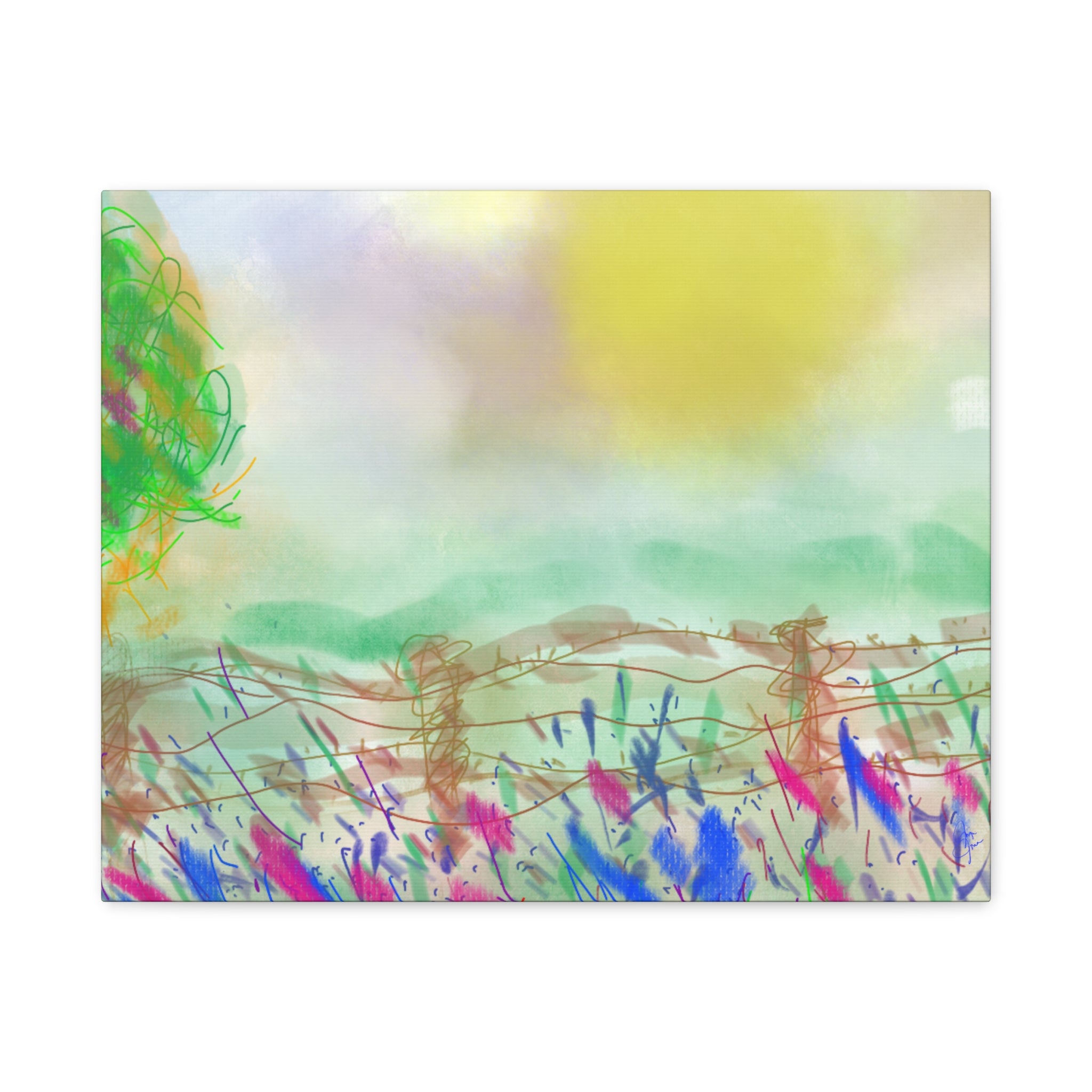 Sunlit Meadow Matte Canvas Wall Art — Pastel Landscape Stretched Canvas