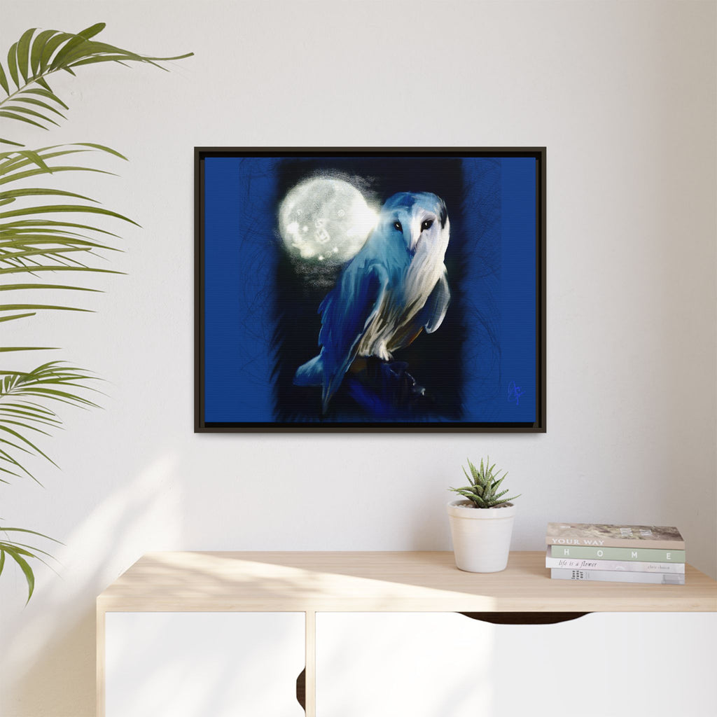 Moonlight Owl Matte Framed Canvas — Mystical Blue Owl Wall Art