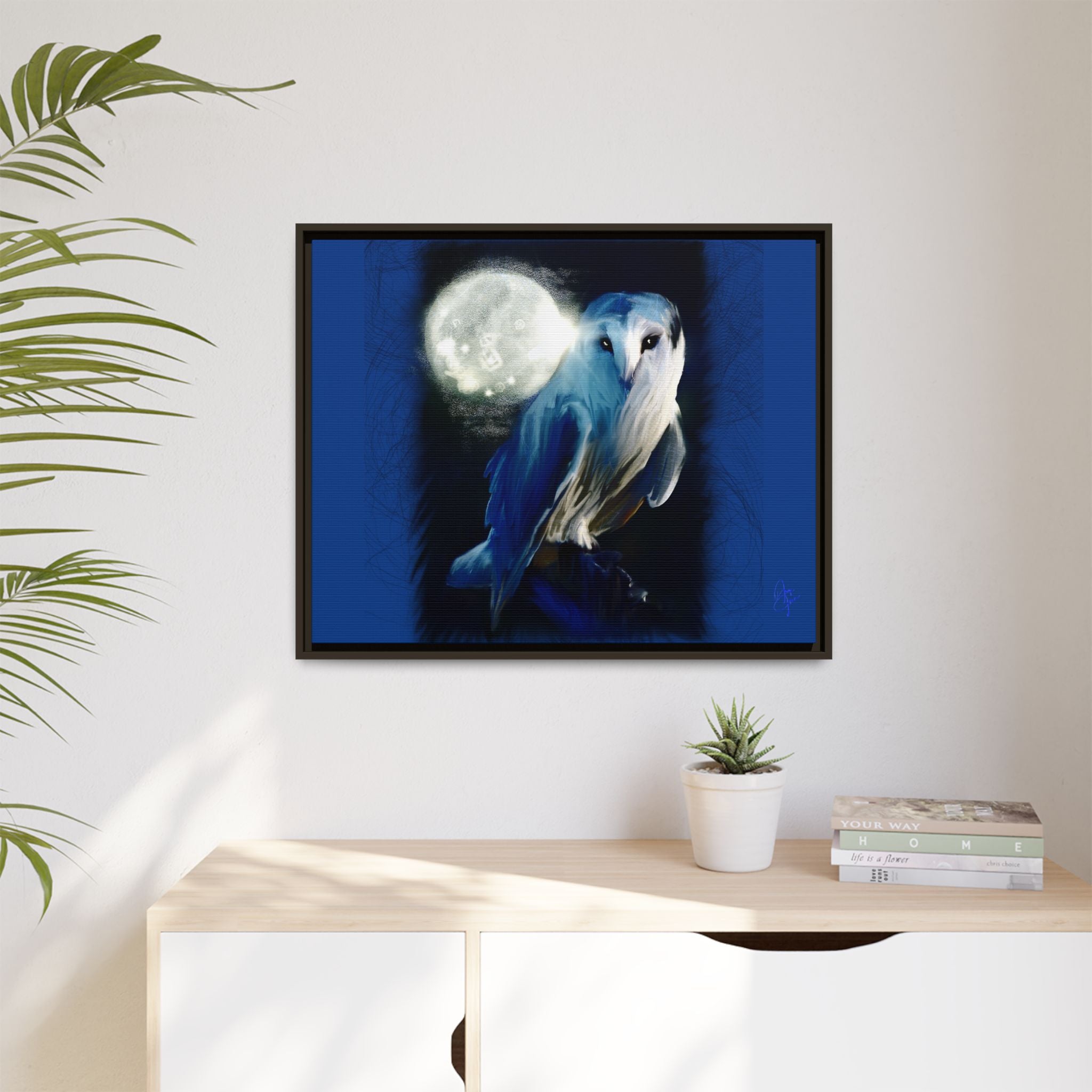Moonlight Owl Matte Framed Canvas — Mystical Blue Owl Wall Art
