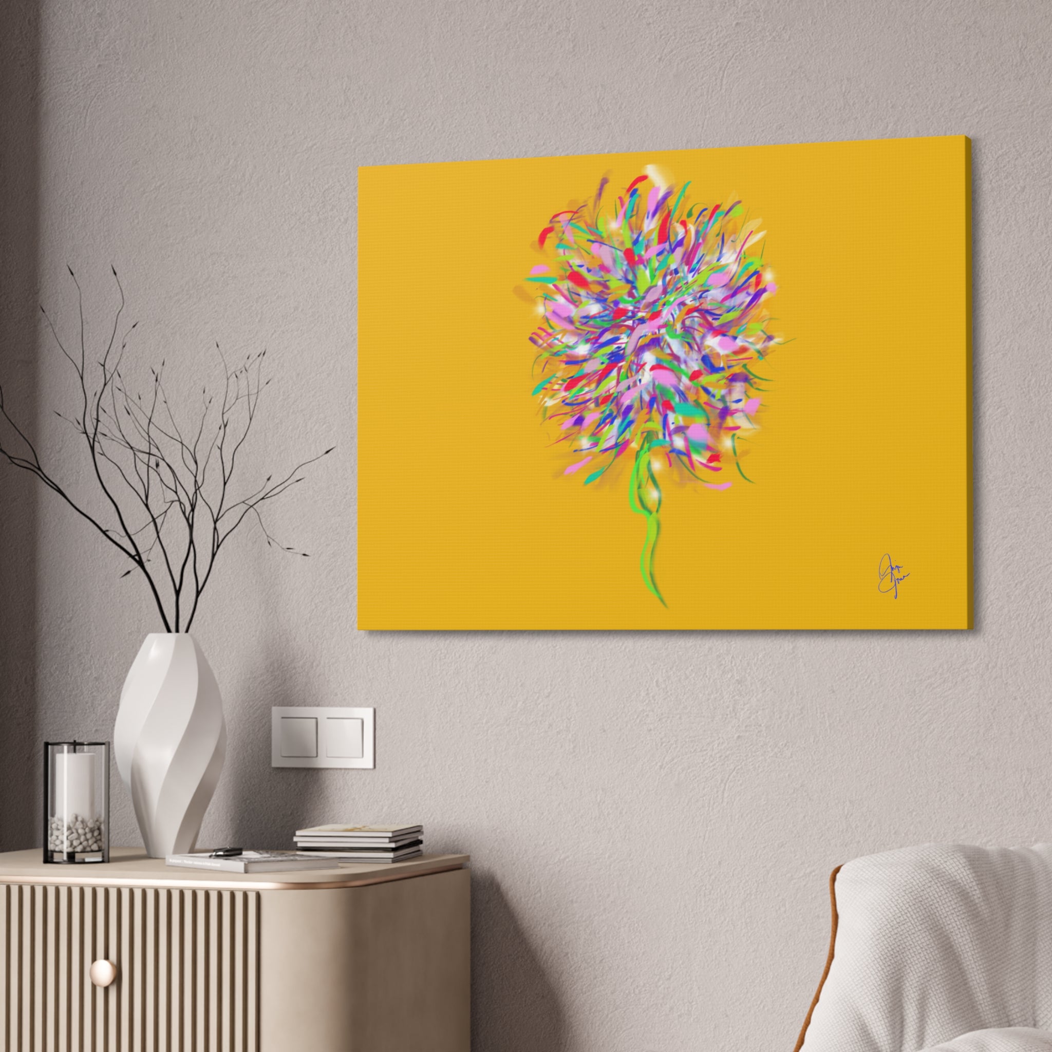 Abstract Floral Burst Canvas Print — Colorful Flower Wall Art on Deep Blue