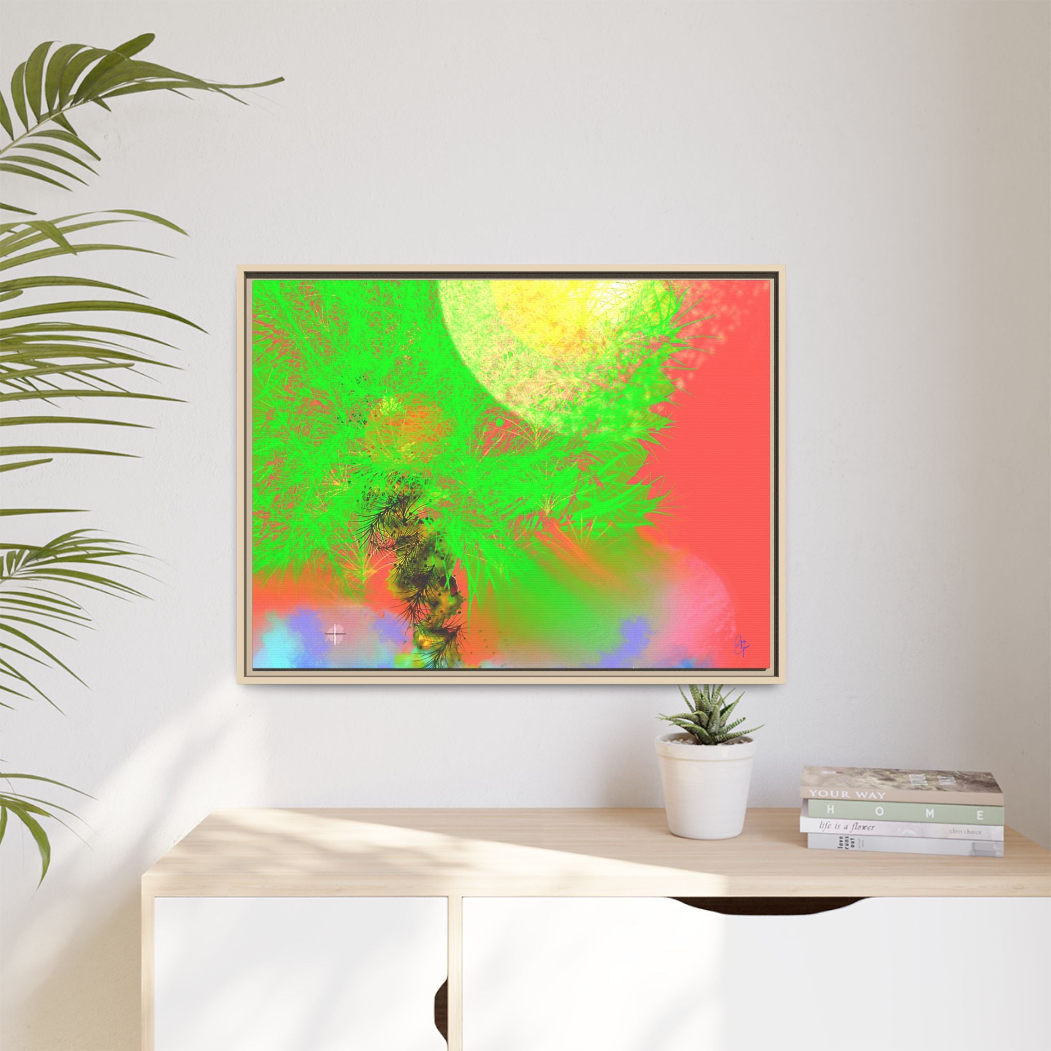 Abstract Neon Tree Matte Canvas Framed Art — Vibrant Green Moon Landscape
