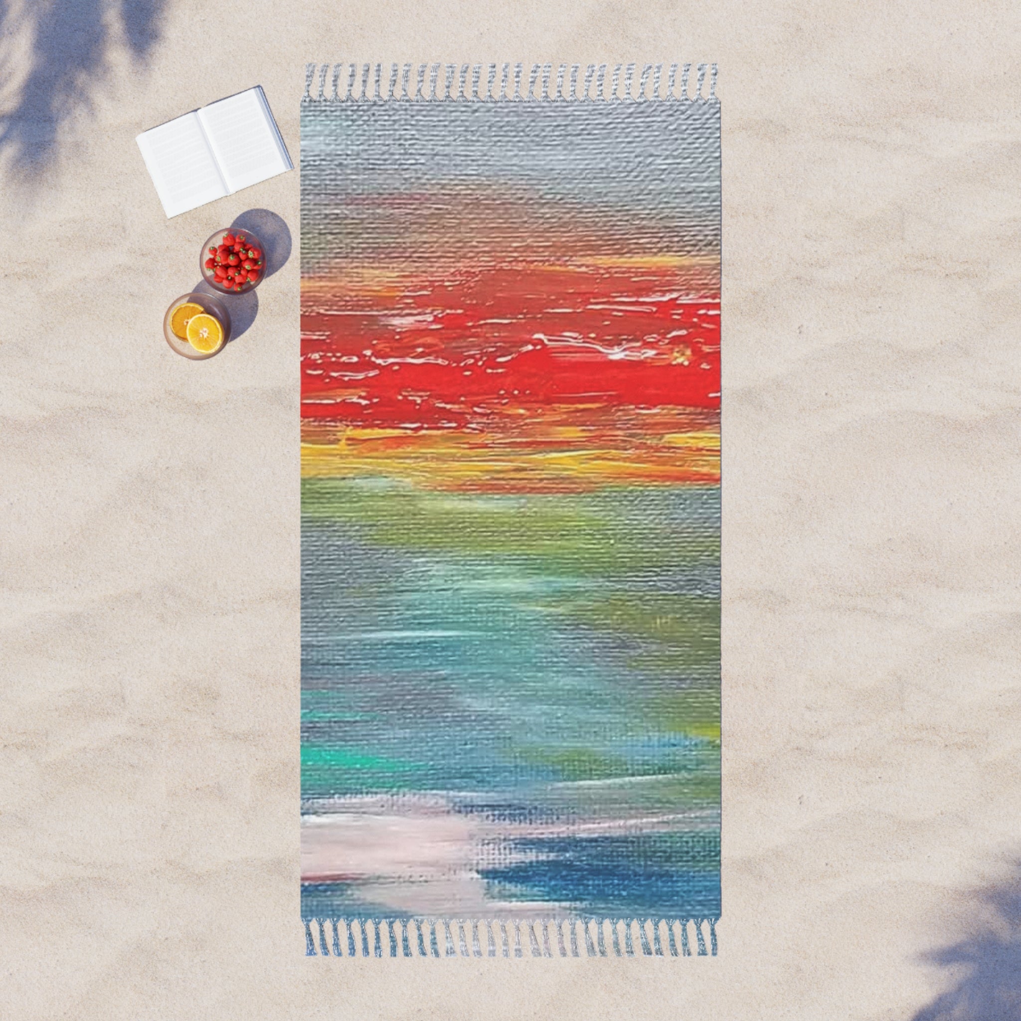 Boho Beach Towel — Watercolor Sunset Striped Fringe Beach Blanket