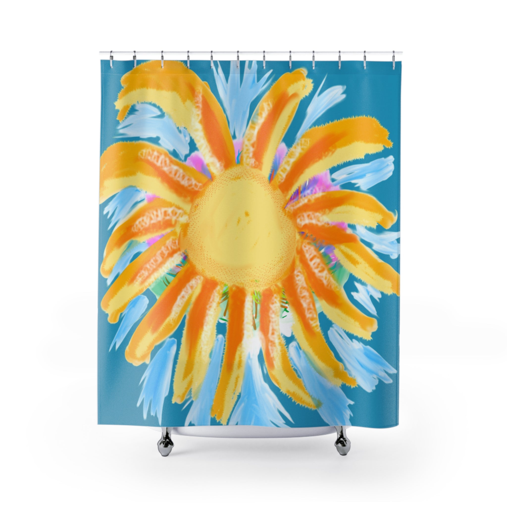 Sunburst Shower Curtain — Bright Yellow Sun Bathroom Decor