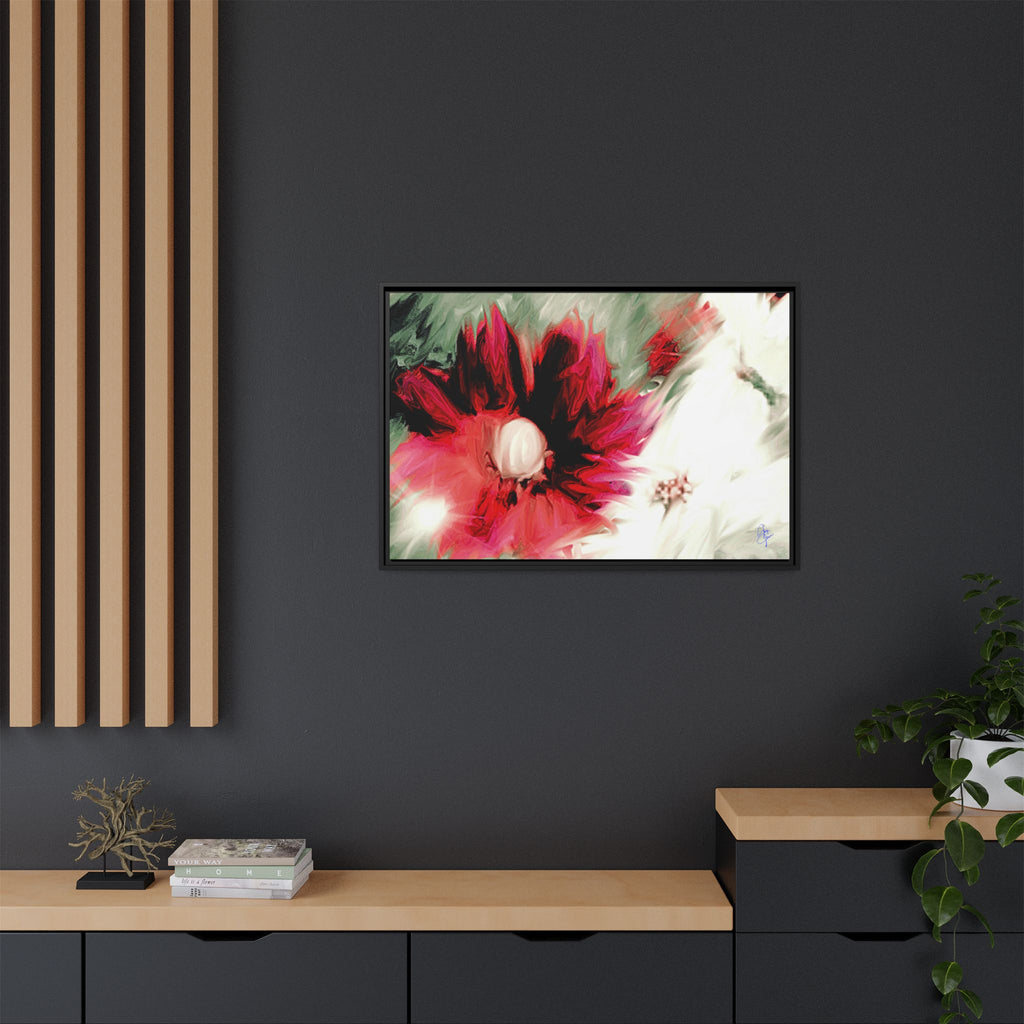 Framed Matte Canvas Print — Blurred Red & White Floral Art