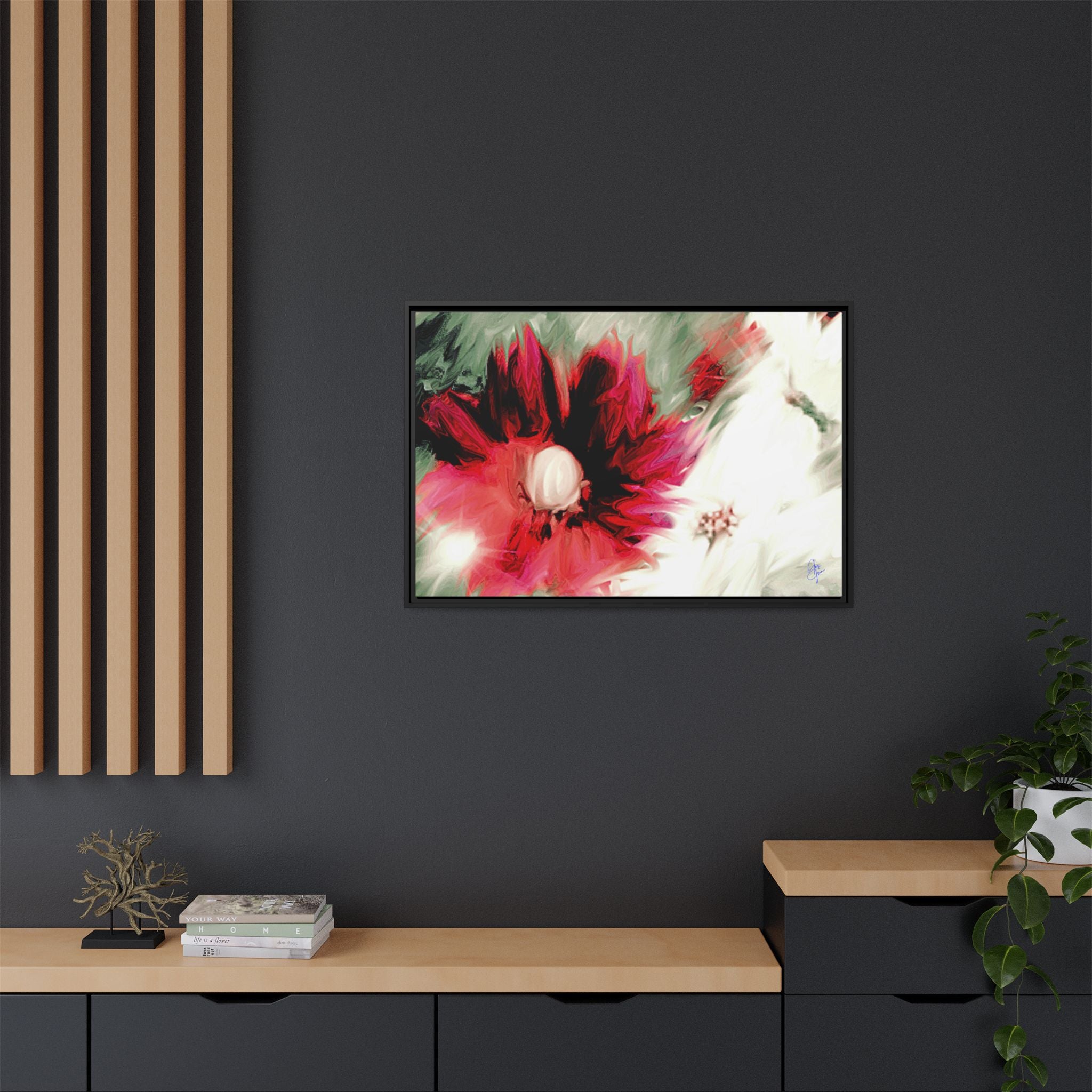 Framed Matte Canvas Print — Blurred Red & White Floral Art