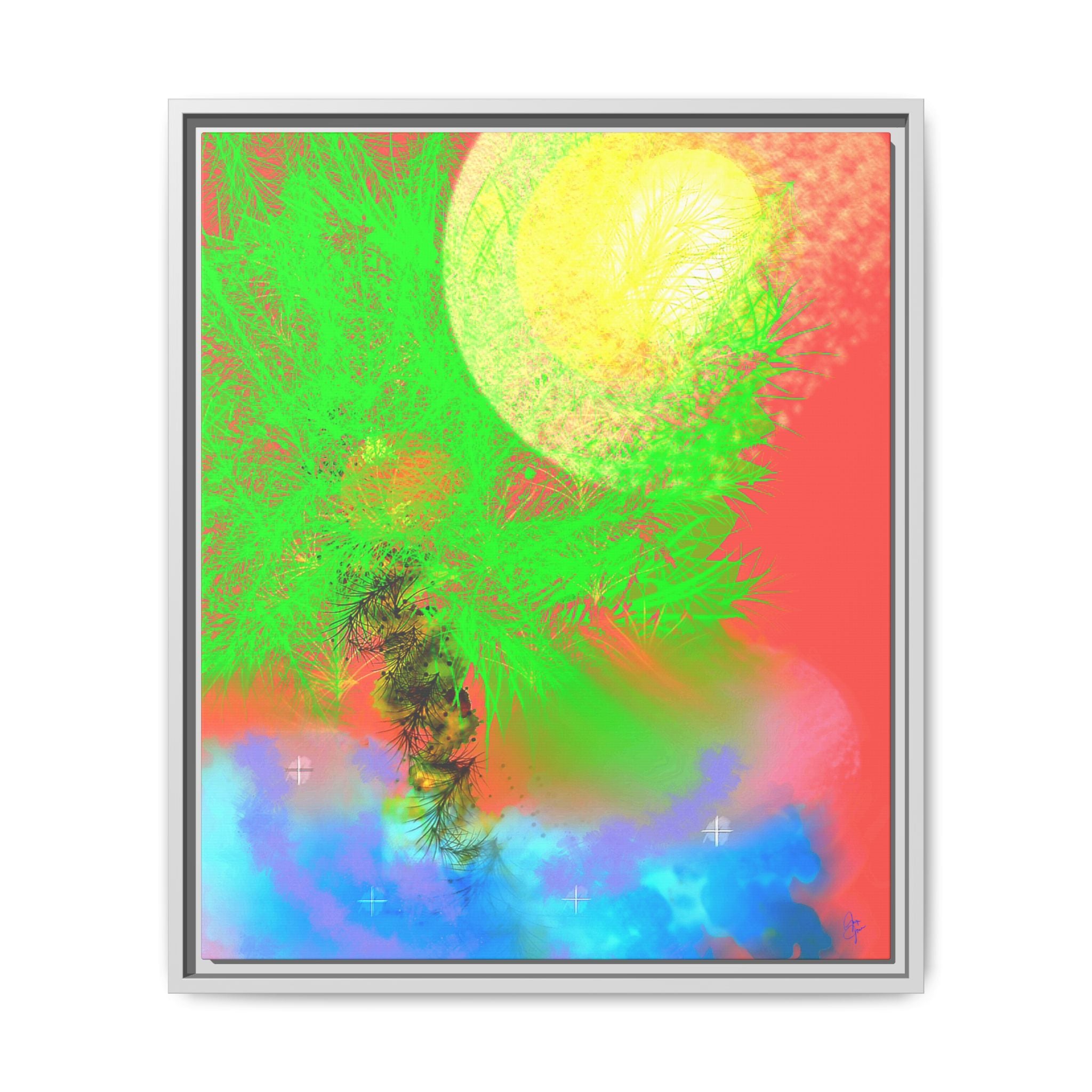 Abstract Neon Tree Matte Canvas Framed Art — Vibrant Green Moon Landscape