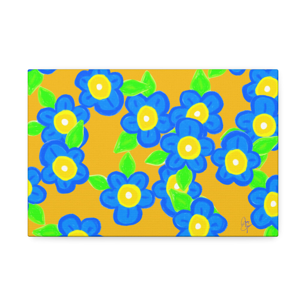 Blue Floral Canvas Wall Art — Bright Hand-Drawn Flowers on Mustard Background