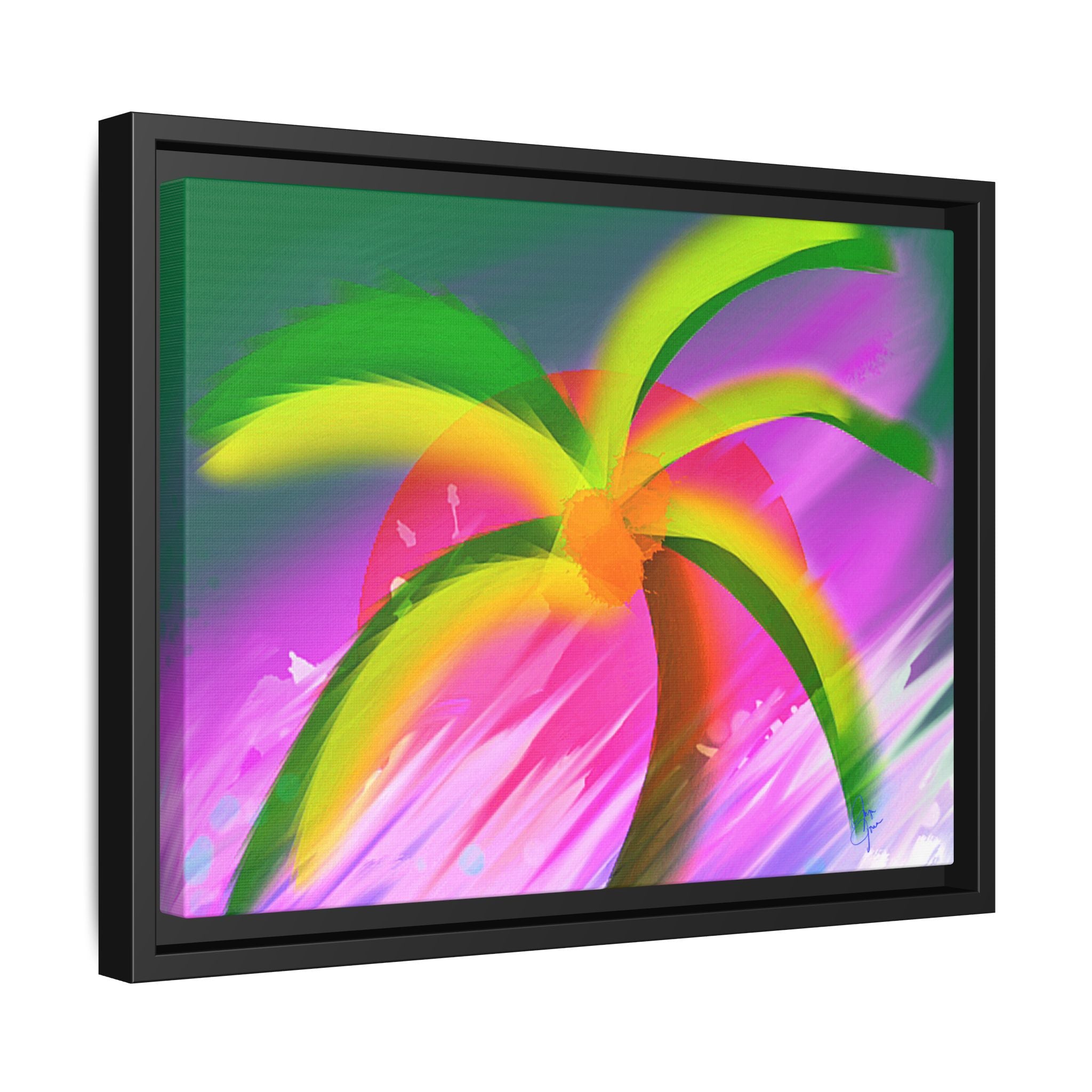 Framed Matte Canvas Print — Neon Palm Beach Art