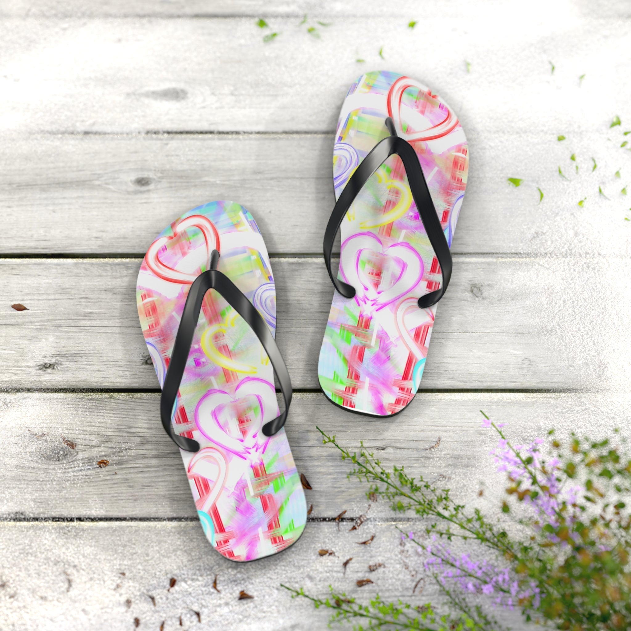 Heart Pattern Flip Flops — Pastel Neon Love Beach Sandals