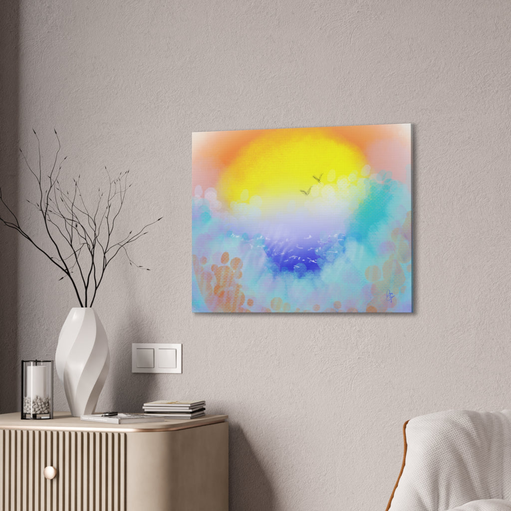Sunrise Seascape Canvas Wall Art – Pastel Ocean Waves with Birds