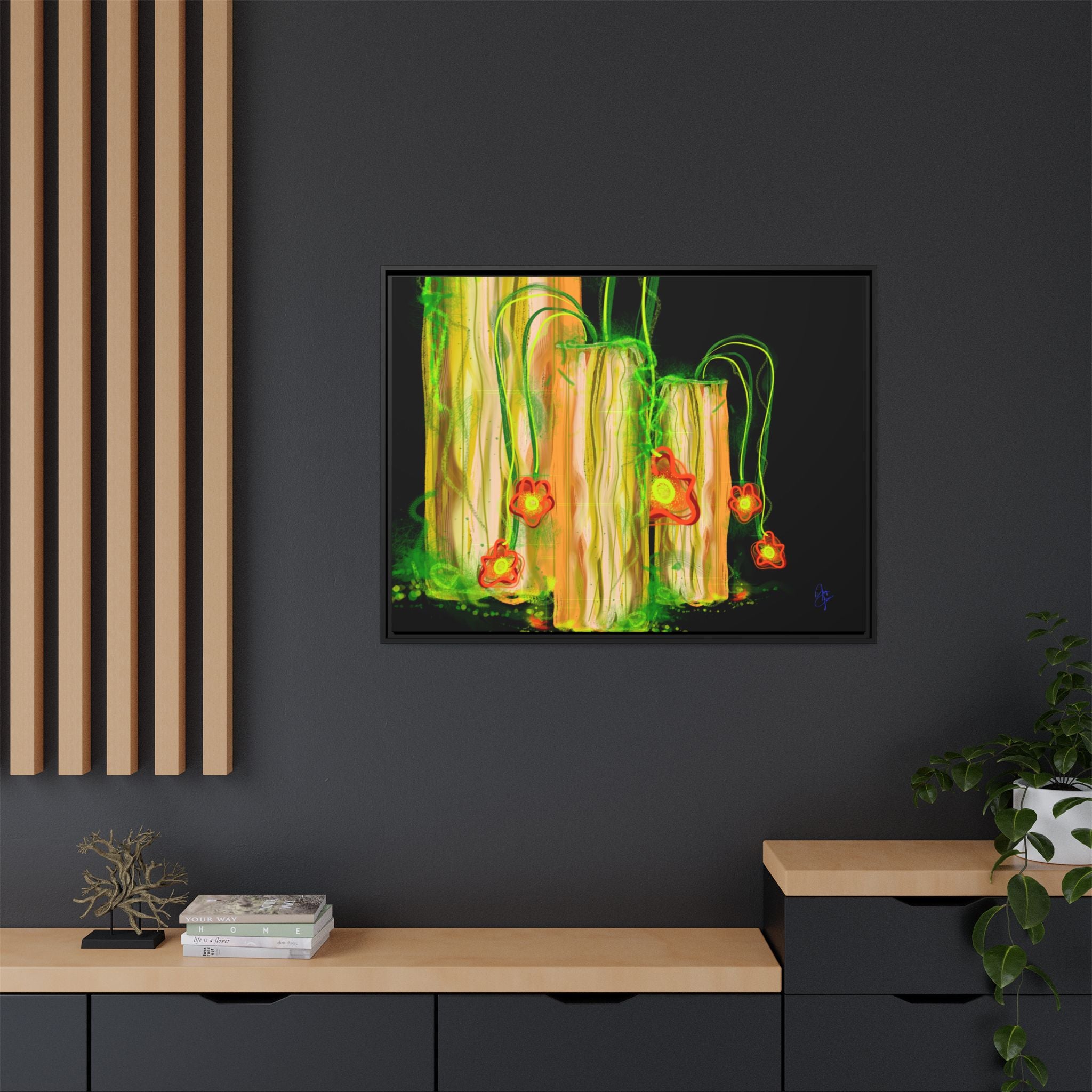 Framed Matte Canvas Print — Neon Floral Candlelight Art