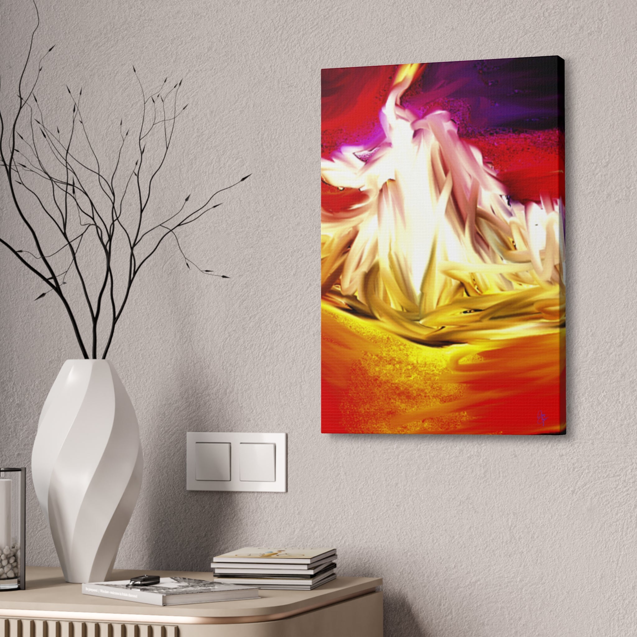 Abstract Campfire Canvas Print — Vibrant Red & Gold Stretched Wall Art