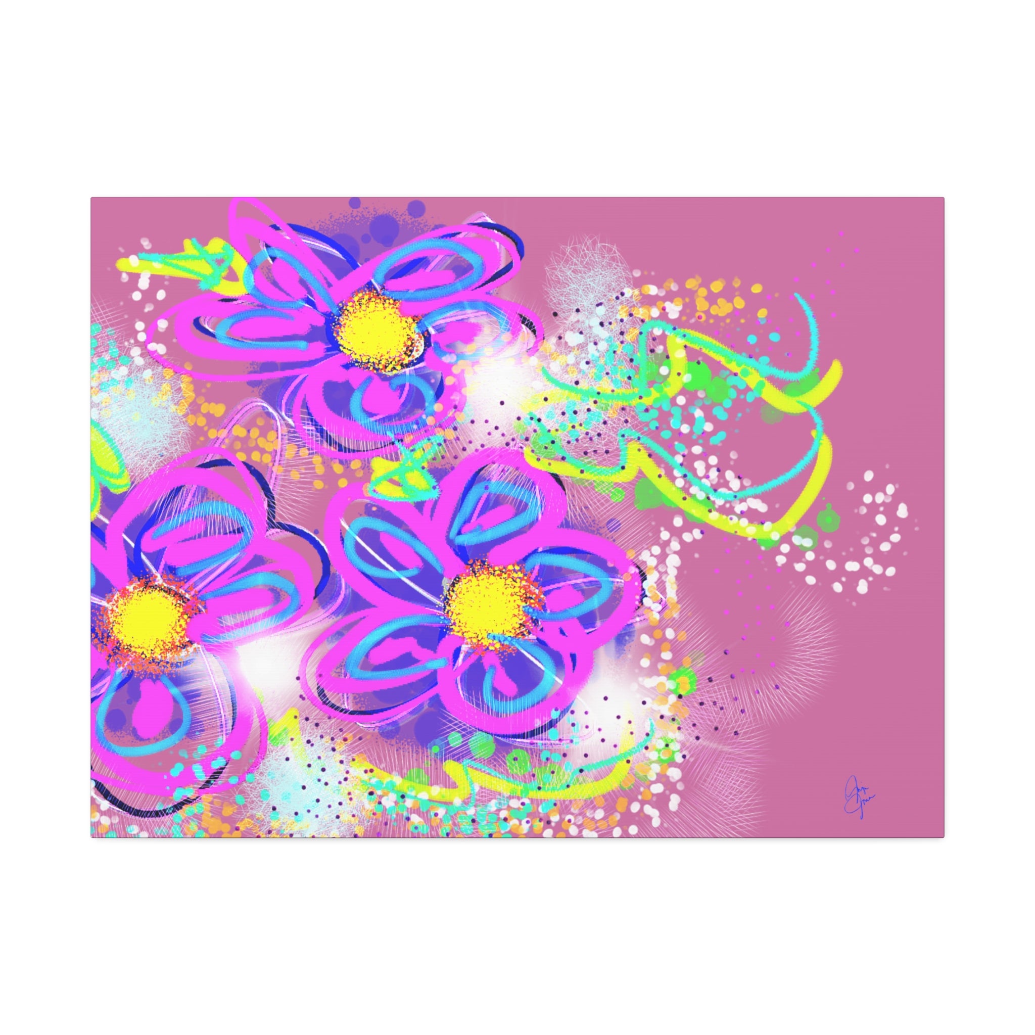 Vibrant Neon Floral Canvas Print — Pink & Green Stretched Wall Art