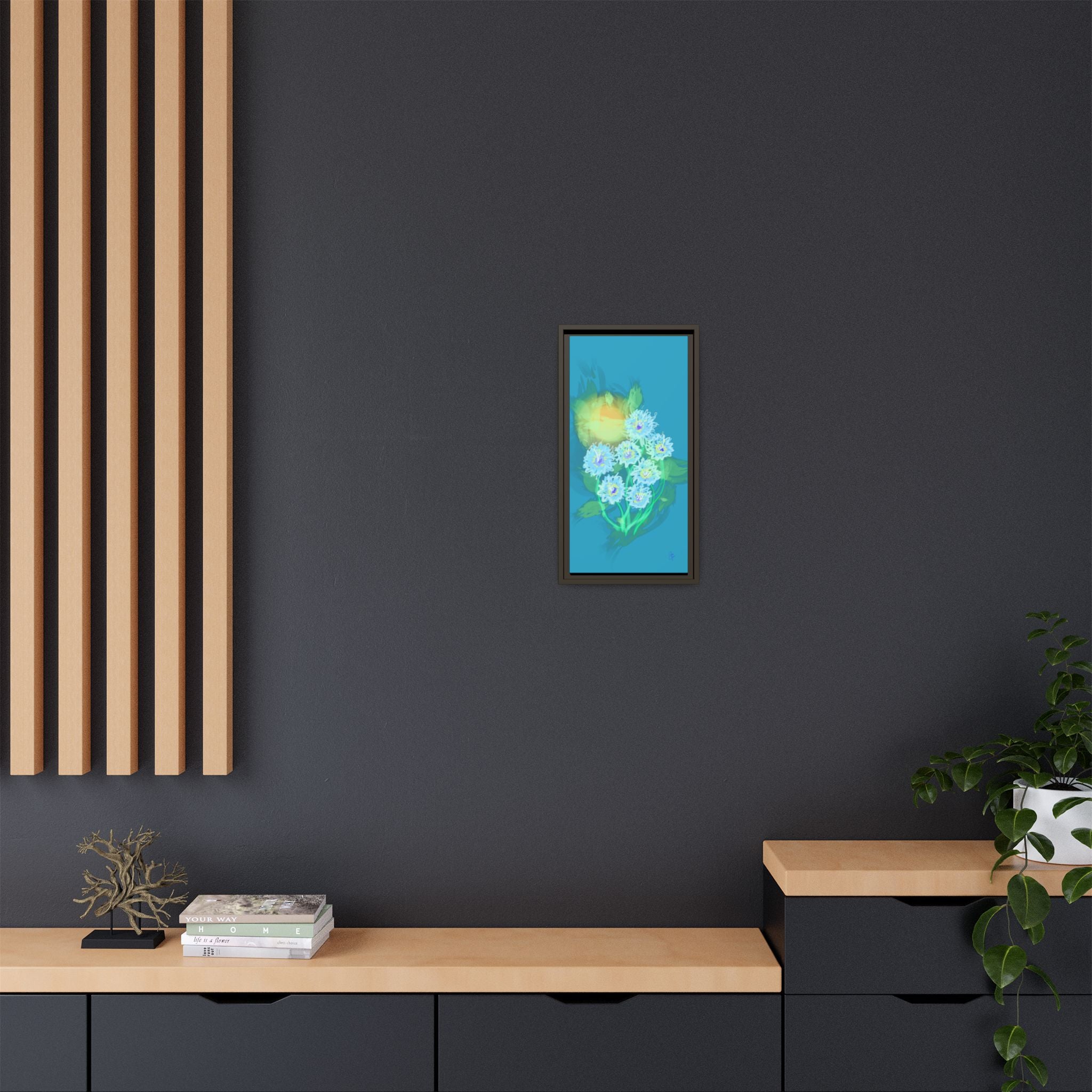 Framed Floral Canvas Art — Blue & Yellow Abstract Bouquet (Matte)