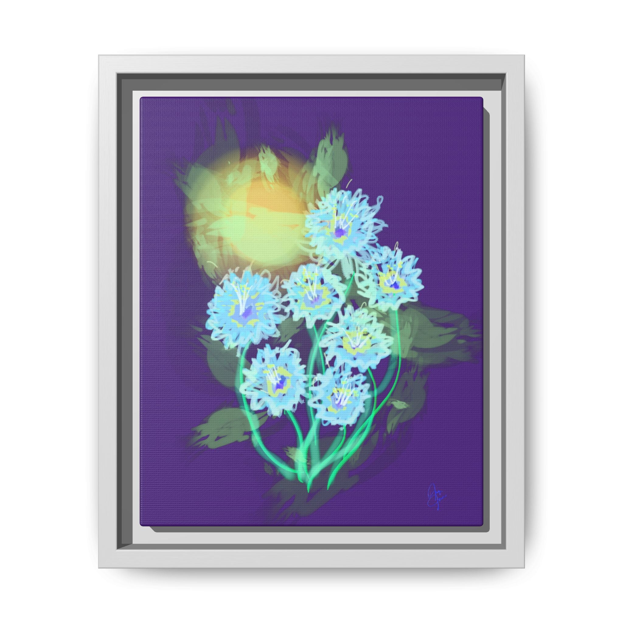Framed Floral Canvas Art — Blue & Yellow Abstract Bouquet (Matte)