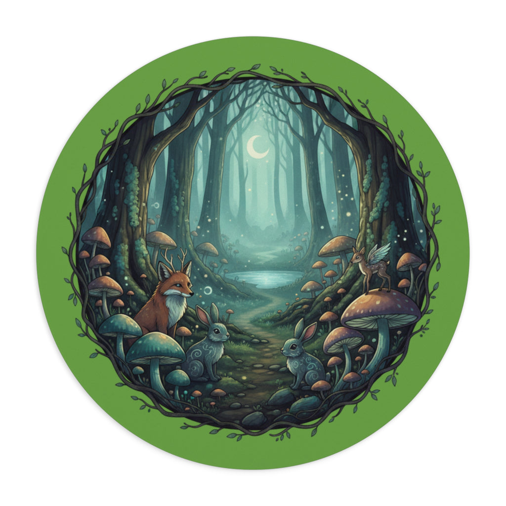 Round Enchanted Forest Mouse Pad — Fox & Rabbit Moonlit Desk Mat