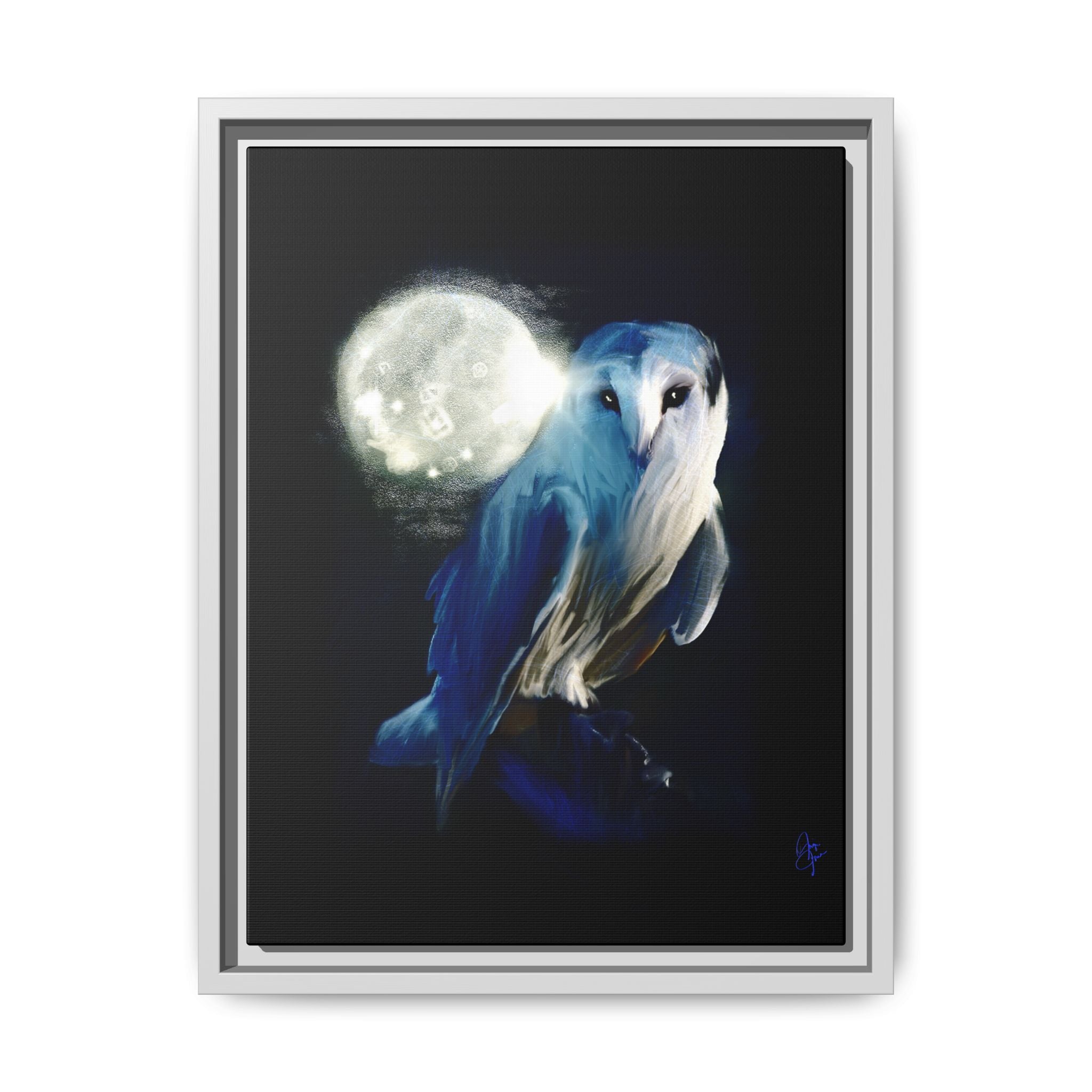 Moonlight Owl Matte Framed Canvas — Mystical Blue Owl Wall Art