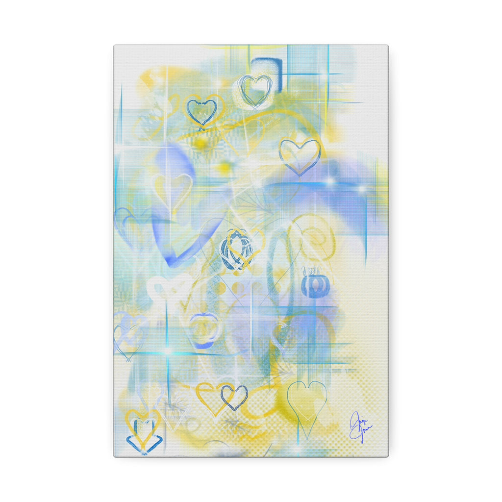 Pastel Heart Abstract Canvas Print — Blue & Yellow Stretched Wall Art (1.5")