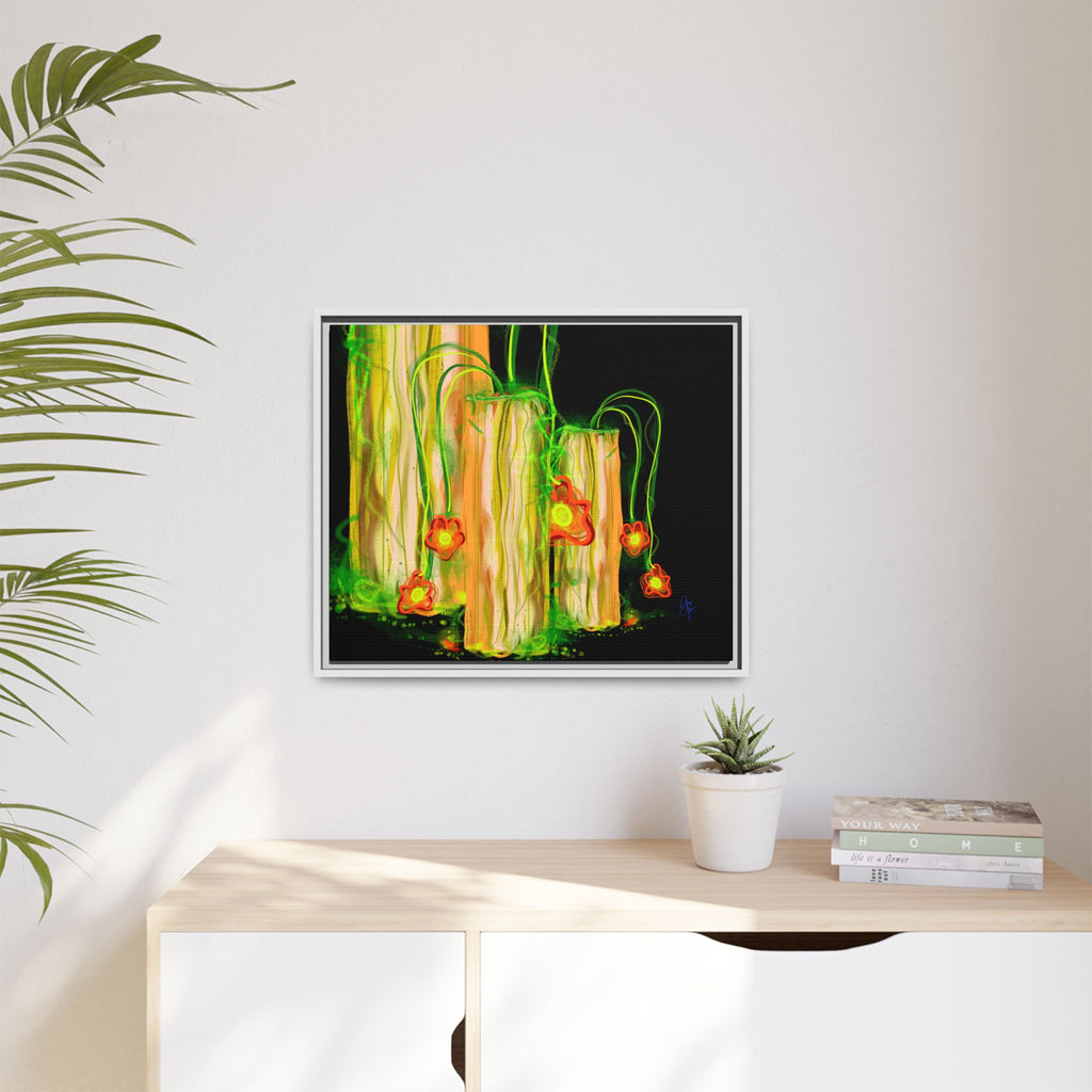 Framed Matte Canvas Print — Neon Floral Candlelight Art
