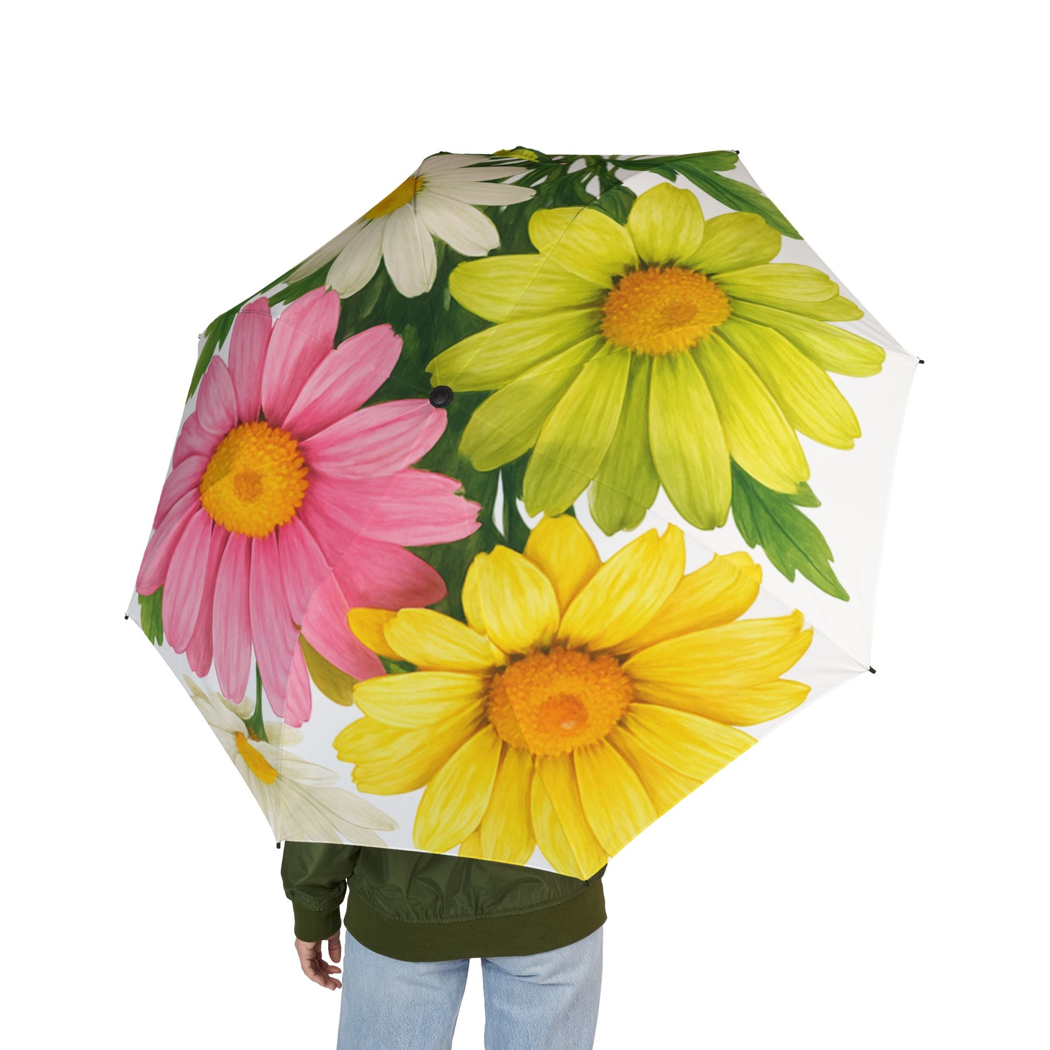 Foldable Daisy Umbrella — Semi-Automatic Compact Floral Rain Umbrella