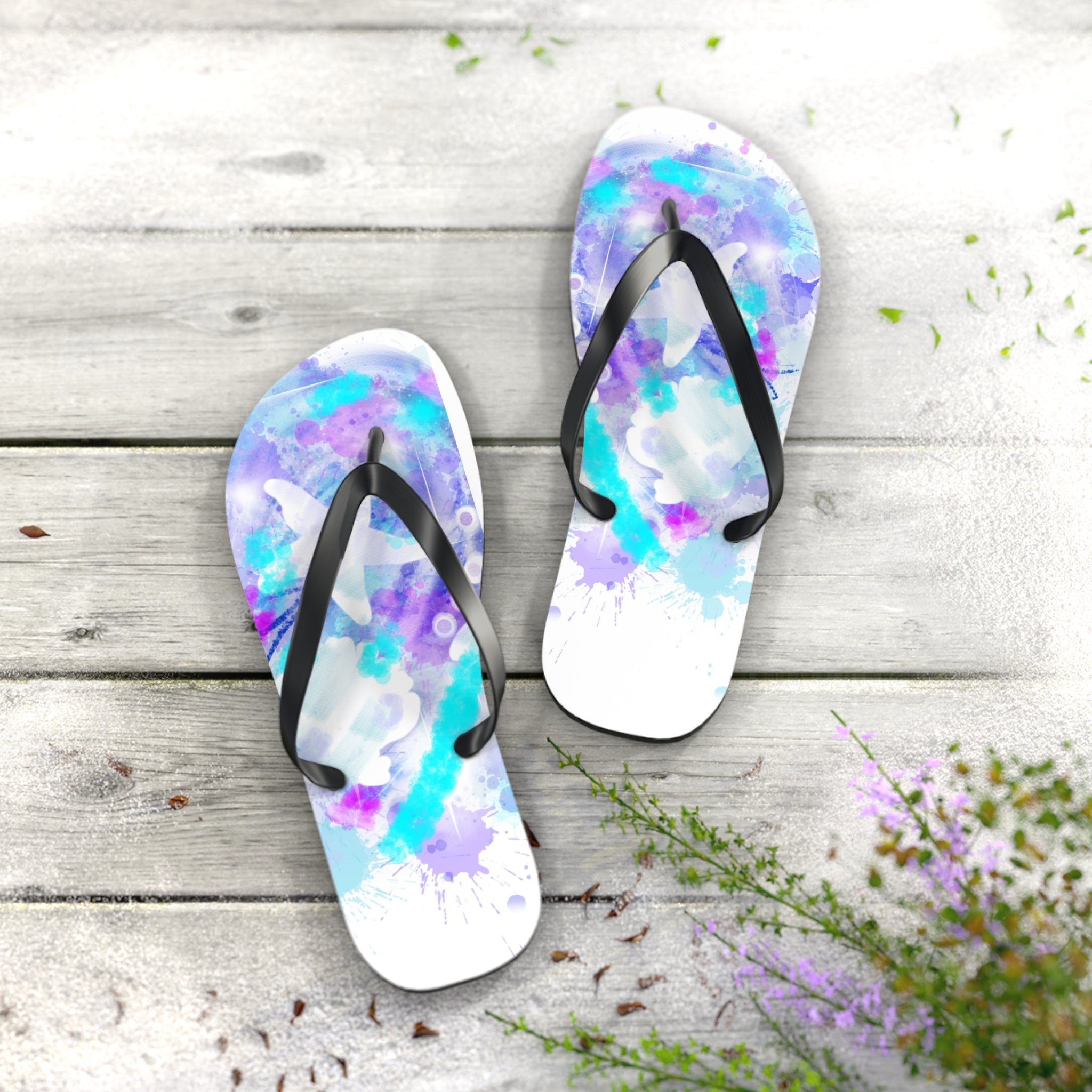 Watercolor Tie-Dye Flip Flops — Turquoise & Purple Beach Sandals