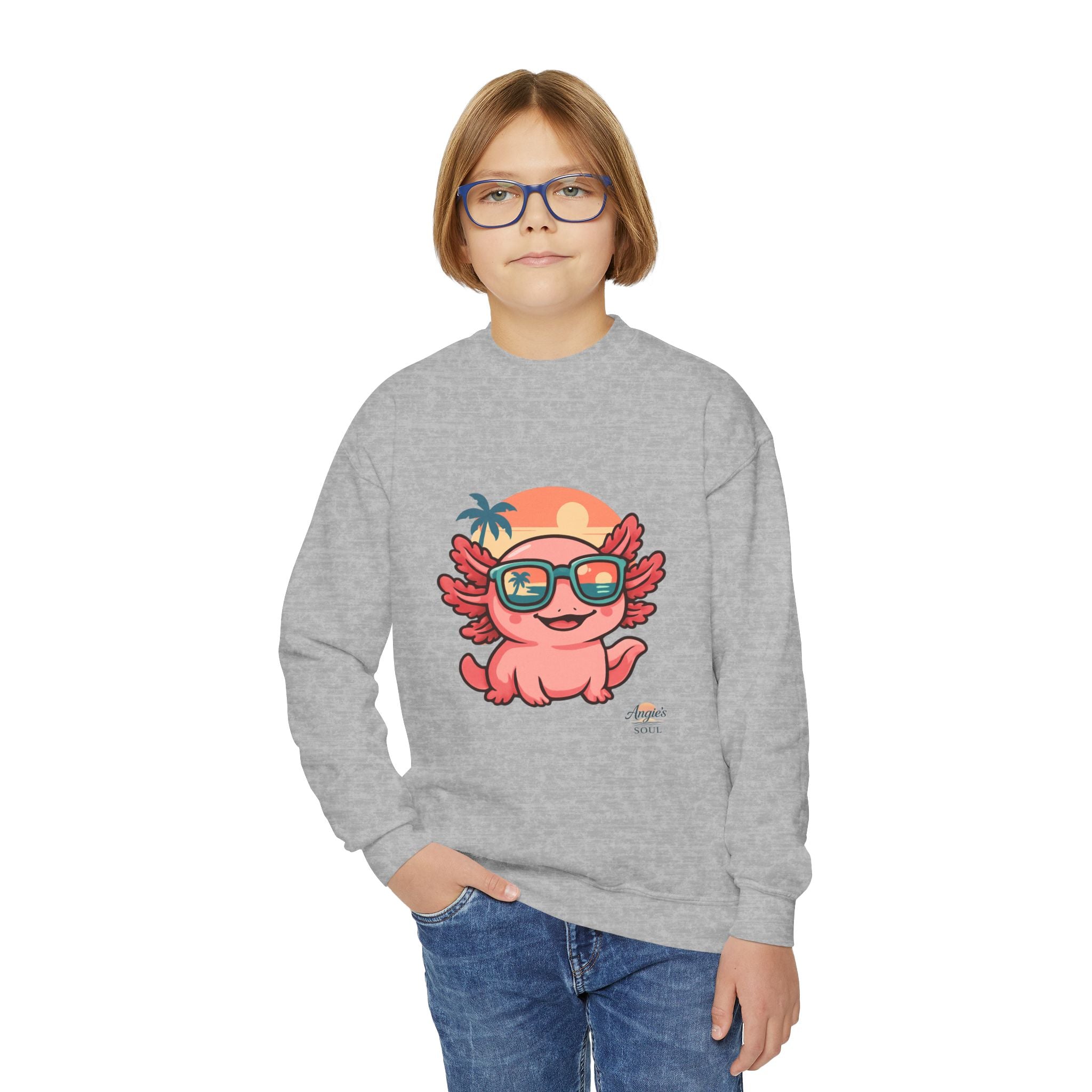 Axolotl Crewneck Sweatshirt — Cute Pink Axolotl with Sunglasses & Sunset