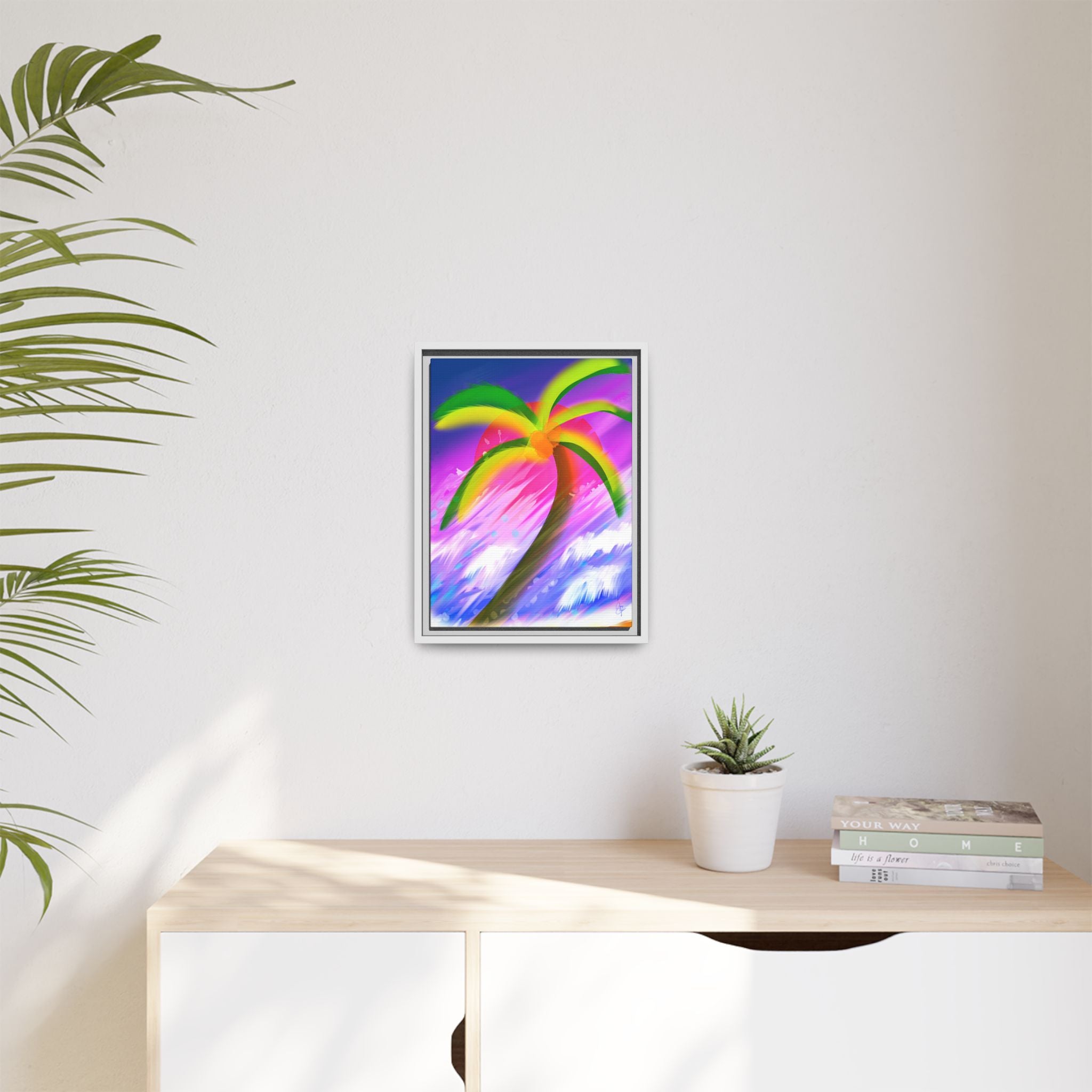 Framed Matte Canvas Print — Neon Palm Beach Art