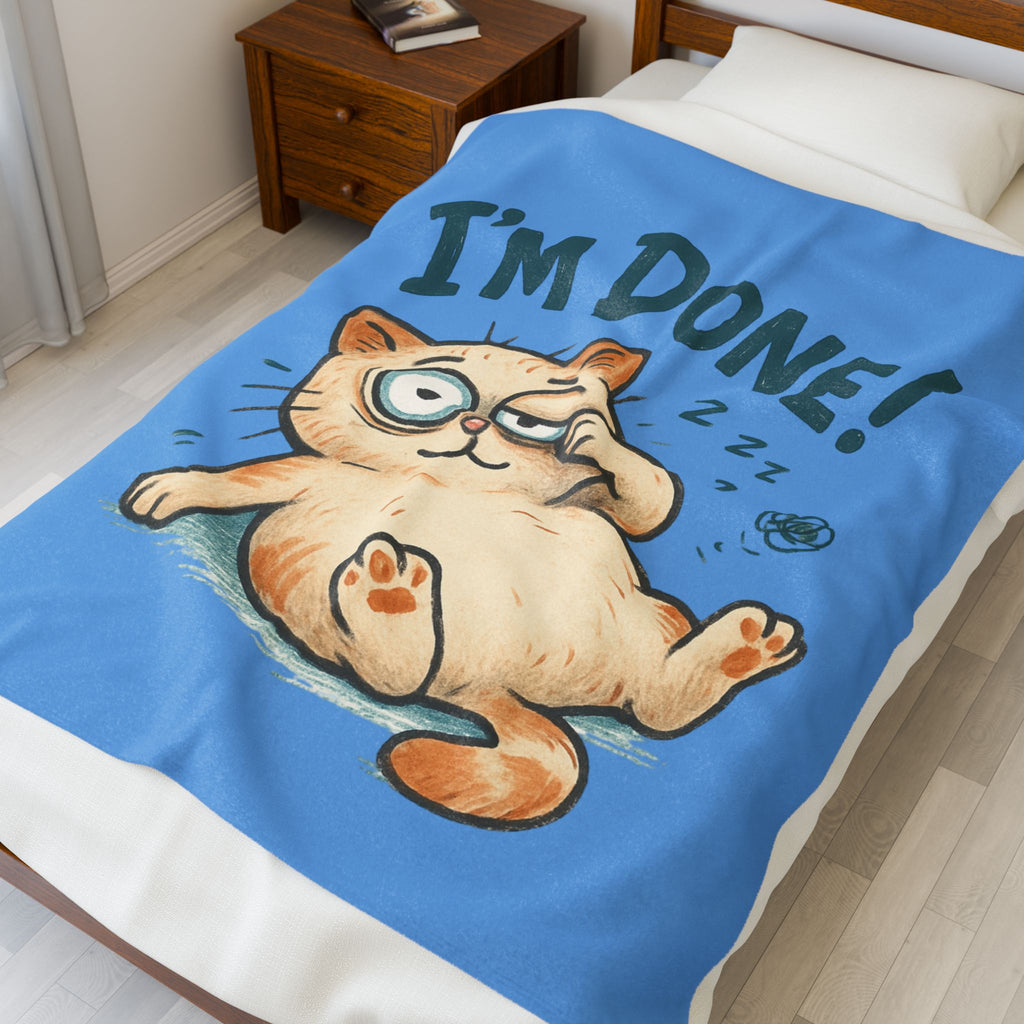 Velveteen Blanket - Cute "I'm Done!" Lazy Cat Plush Throw for Cat Lovers
