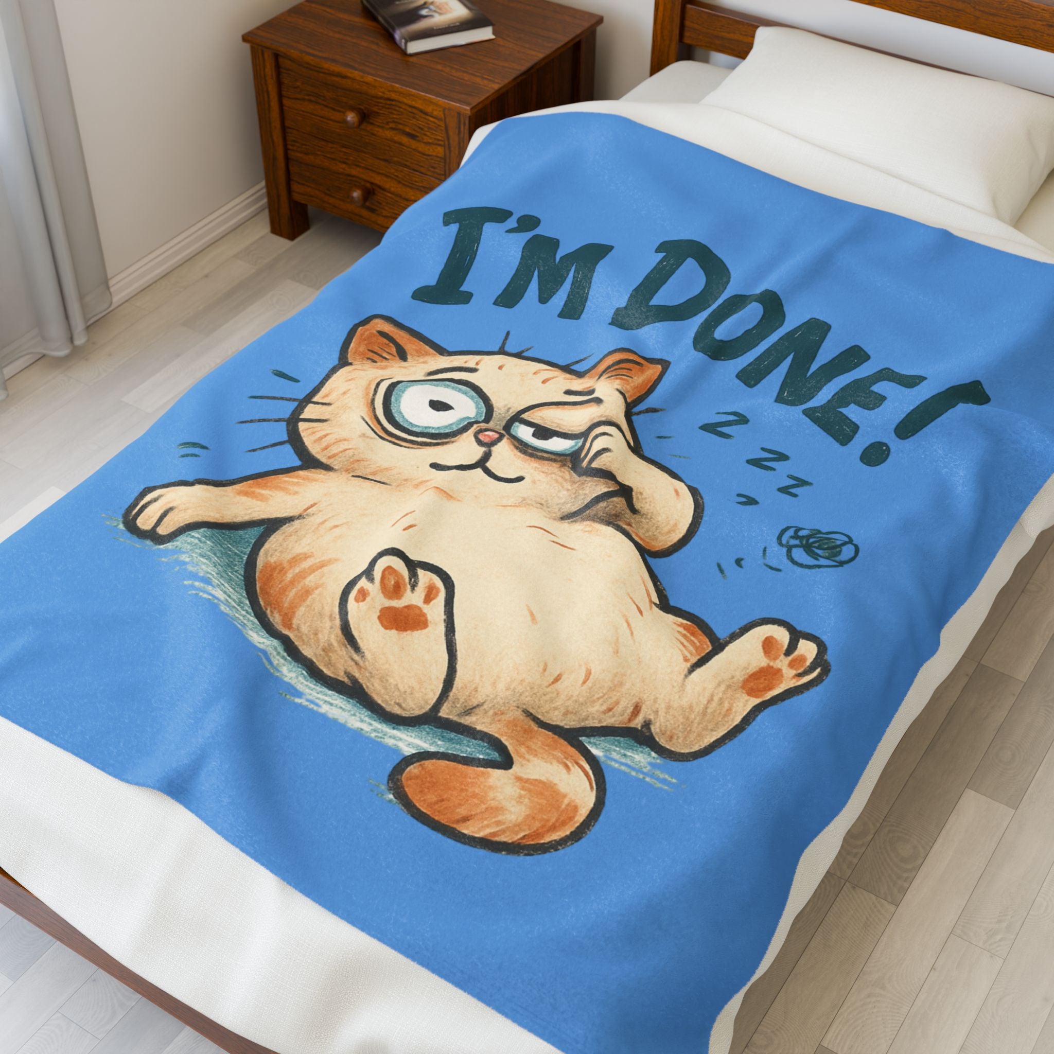 Velveteen Blanket - Cute "I'm Done!" Lazy Cat Plush Throw for Cat Lovers