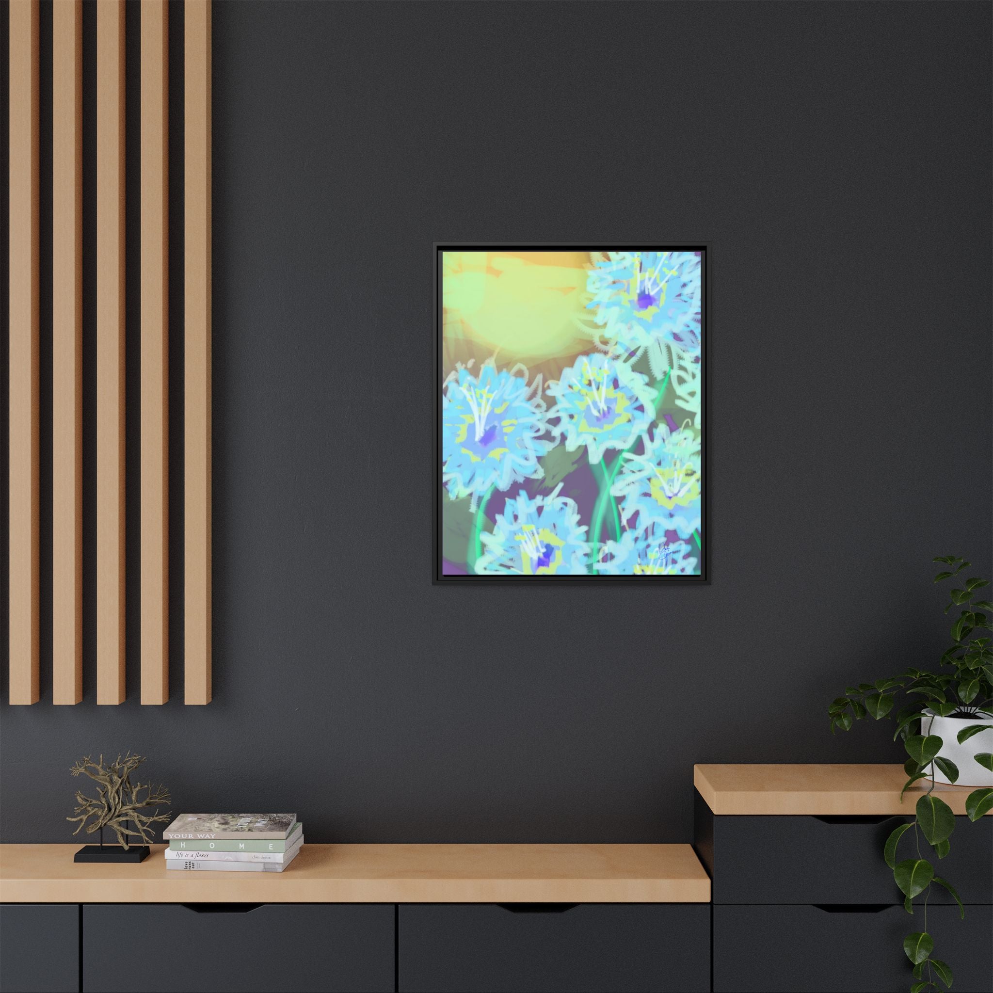 Framed Floral Canvas Art — Blue & Yellow Abstract Bouquet (Matte)