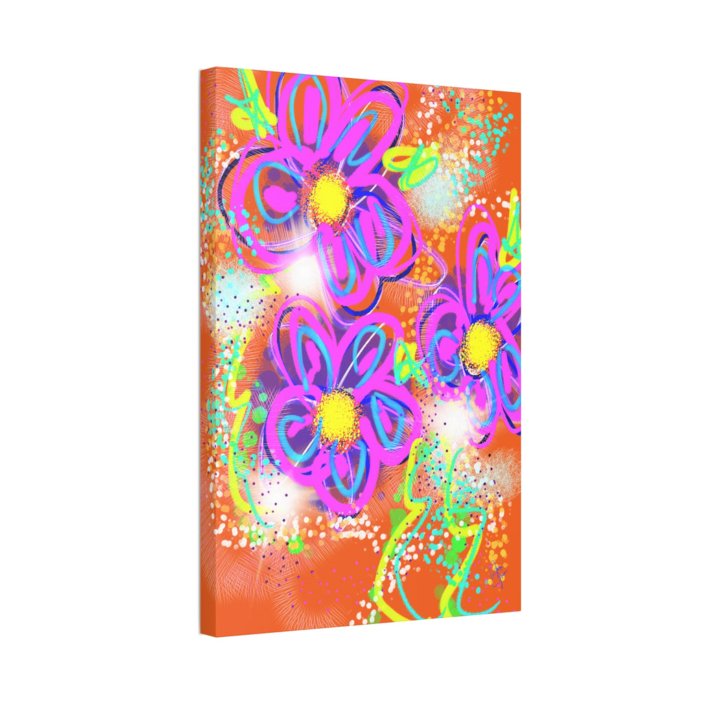 Vibrant Neon Floral Canvas Print — Pink & Green Stretched Wall Art