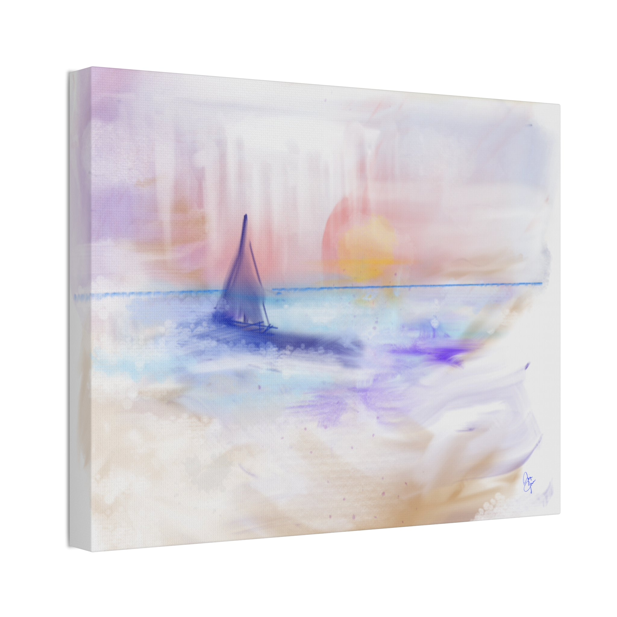 Watercolor Seascape Canvas Print — Dreamy Sailboat Sunset Wall Art