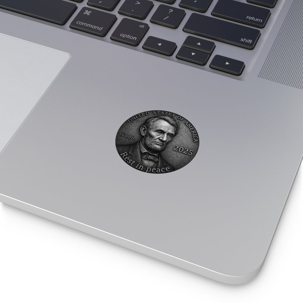 Round Vinyl Sticker — 'Rest in Peace' Coin Portrait (2025)