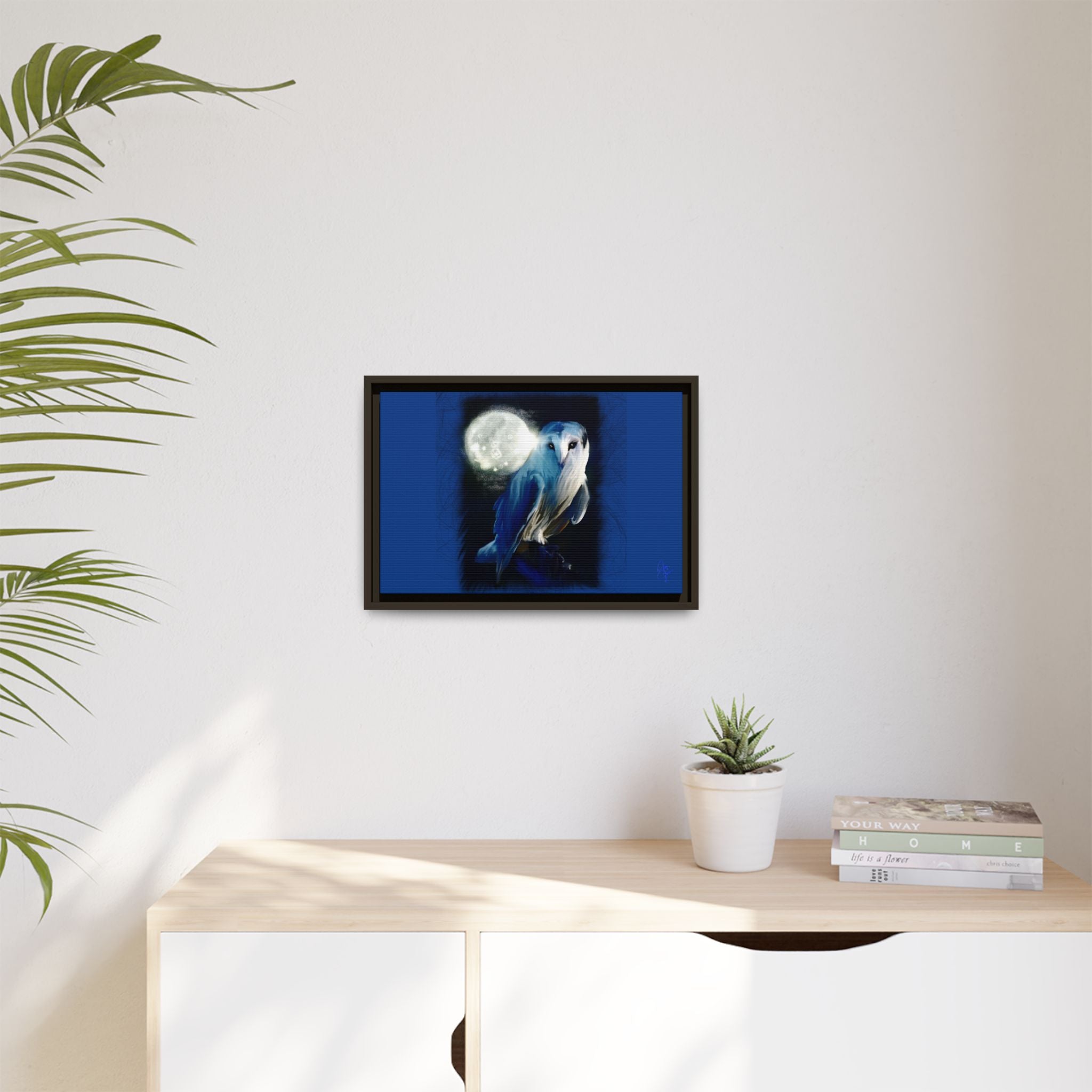 Moonlight Owl Matte Framed Canvas — Mystical Blue Owl Wall Art
