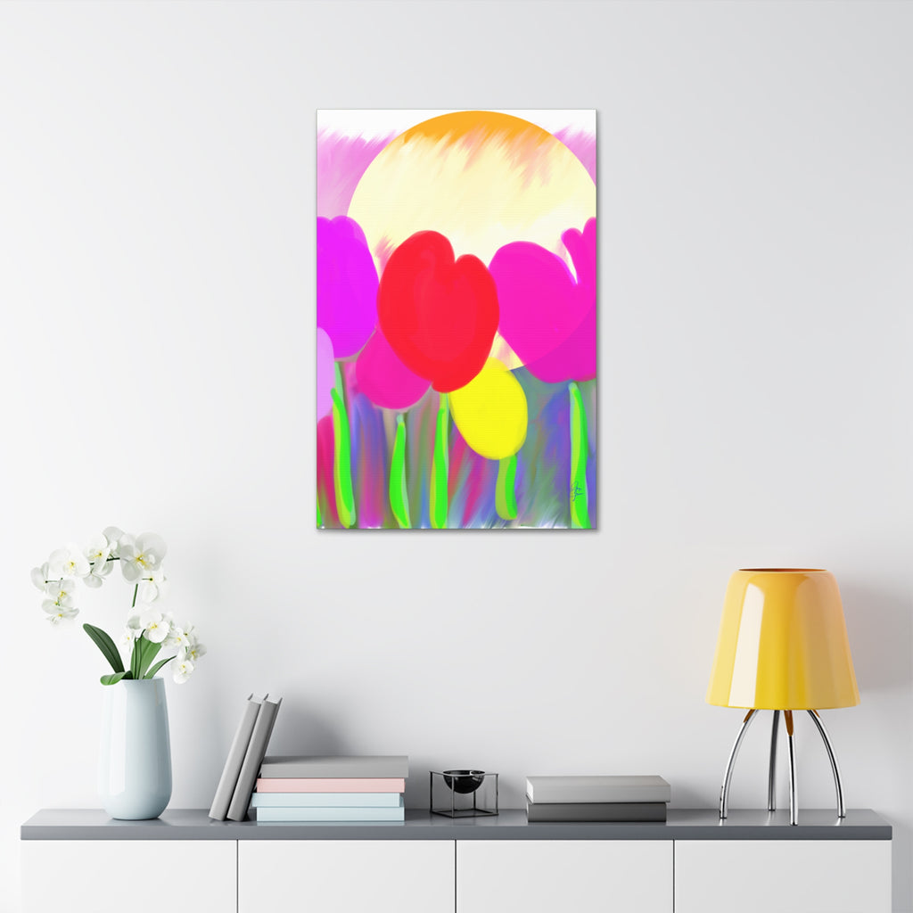 Bright Tulip Canvas Wall Art — Colorful Heart Flowers Stretched Canvas