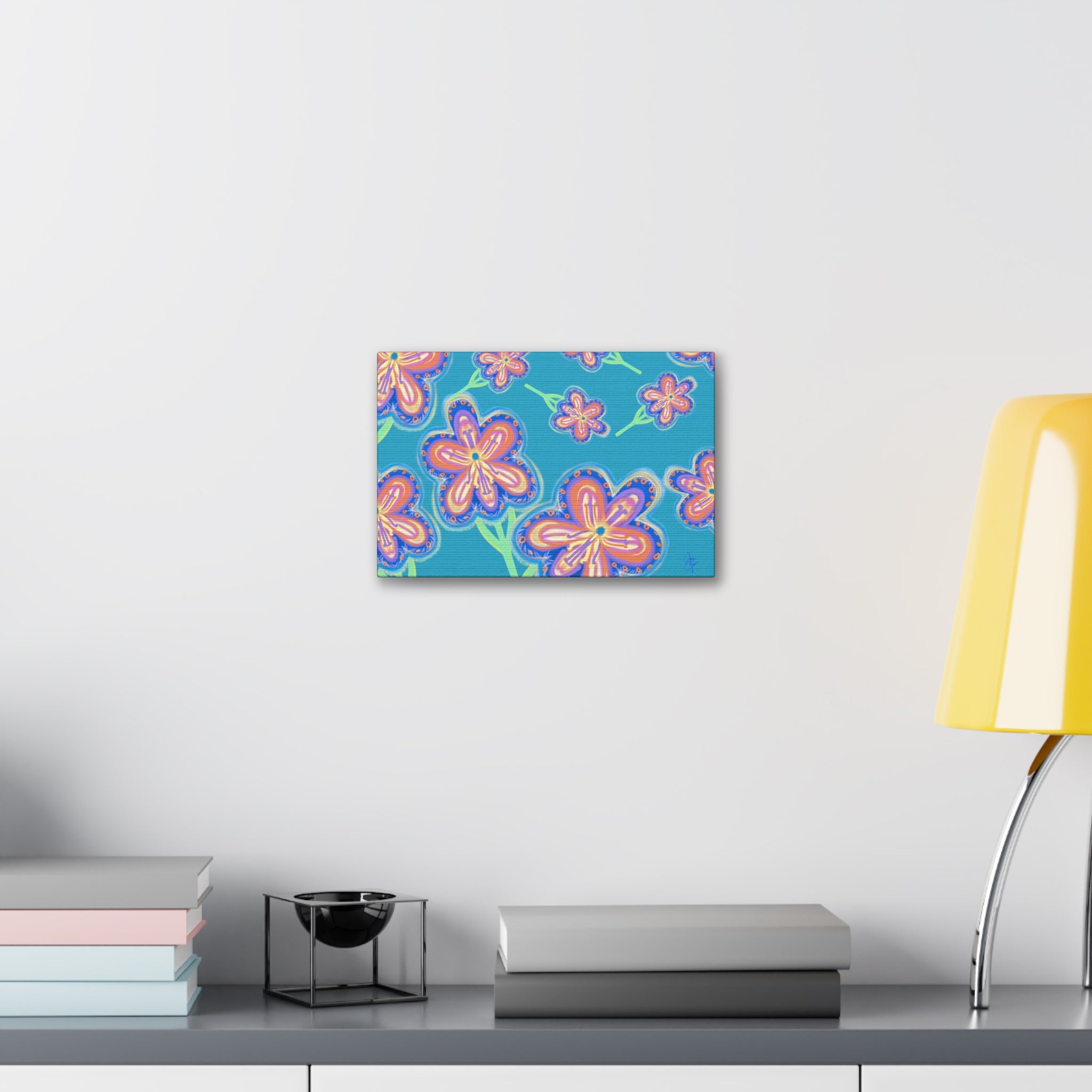 Floral Pop Canvas — Bright Blue Hand-Drawn Flowers Stretched Canvas