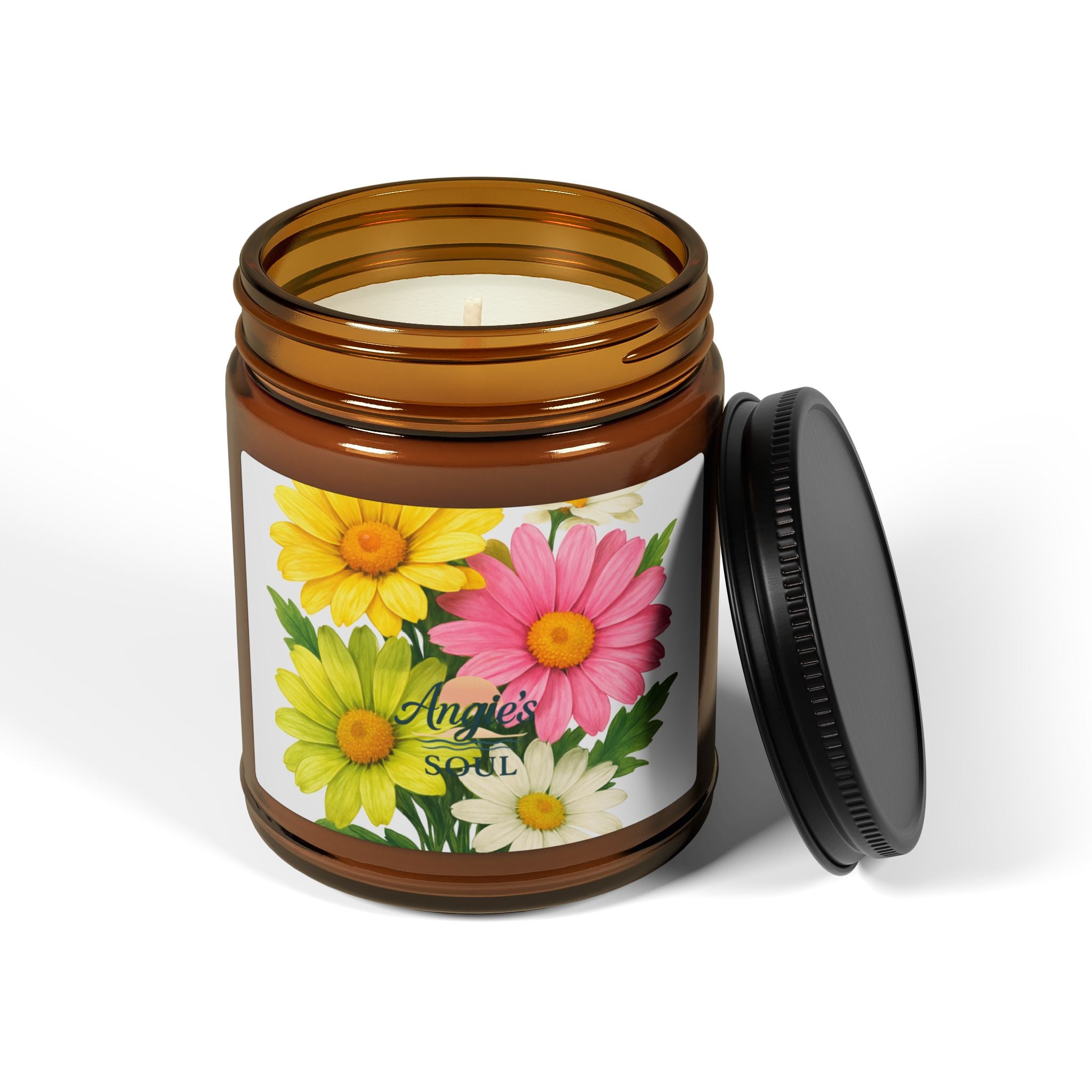 Soy Candle — Floral Daisies Scented Amber Jar