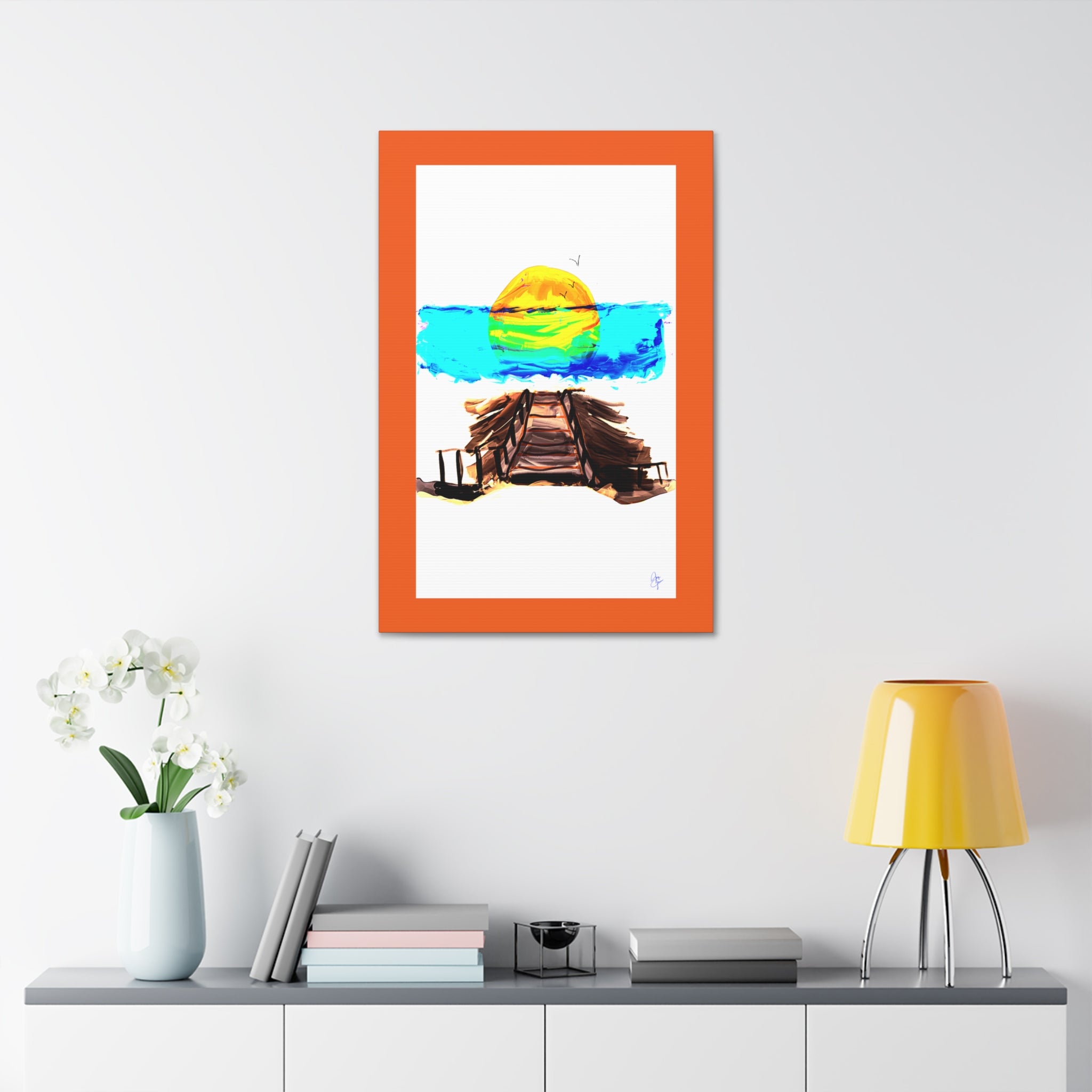 Beach Pier Sunrise Canvas Wall Art – Vibrant Tropical Seascape on Stretched Canvas