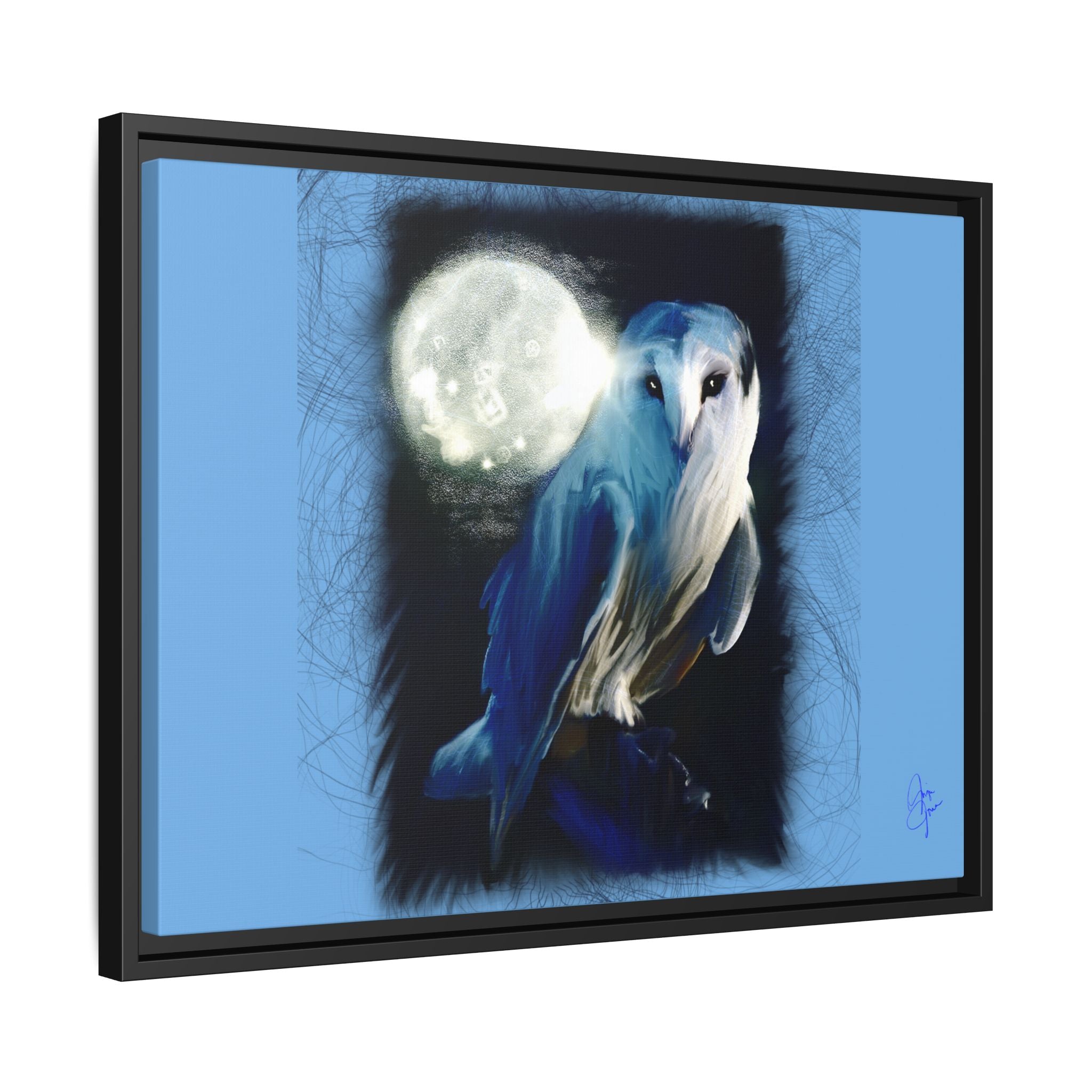 Moonlight Owl Matte Framed Canvas — Mystical Blue Owl Wall Art