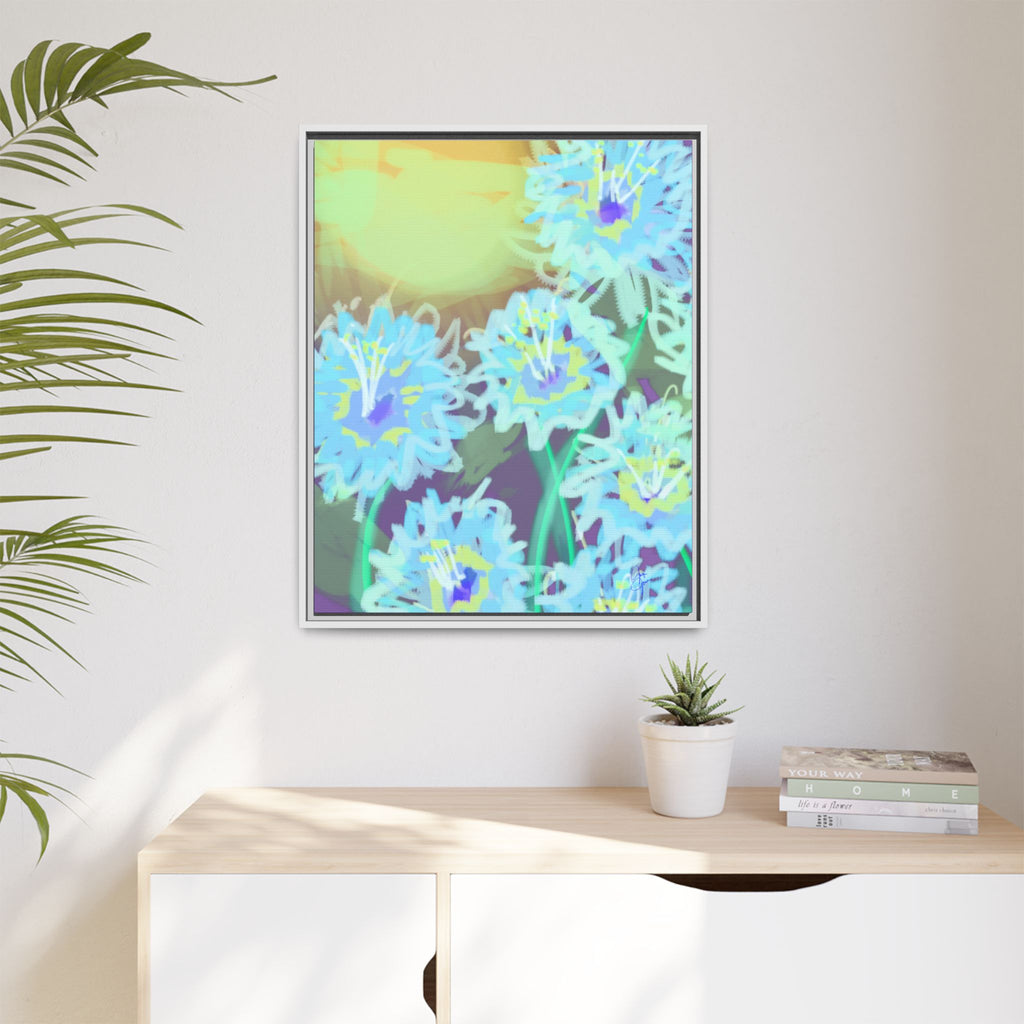 Framed Floral Canvas Art — Blue & Yellow Abstract Bouquet (Matte)