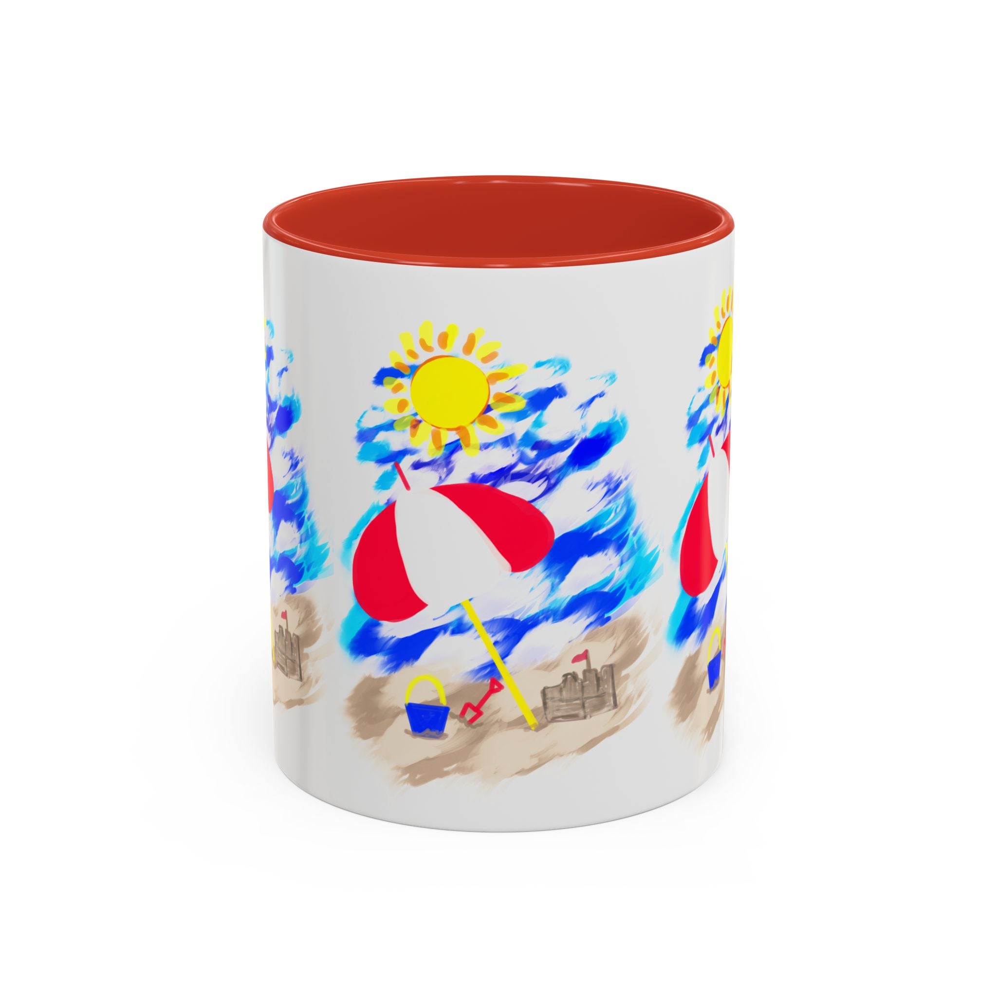 Beach Scene Coffee Mug – Summer Umbrella, Sun & Sandcastle Accent Mug