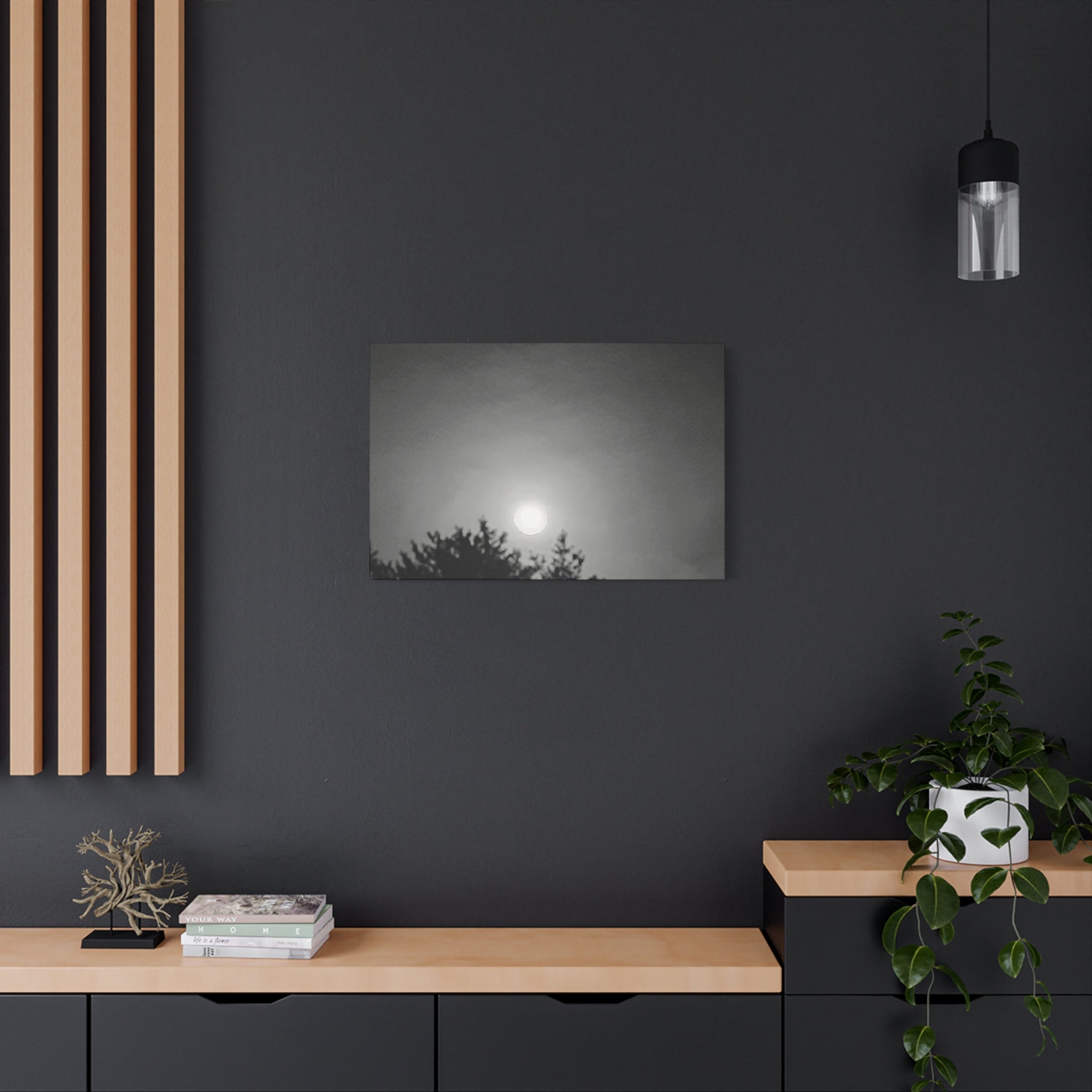 Moonlit Sky Canvas Wall Art — Black & White Night Landscape