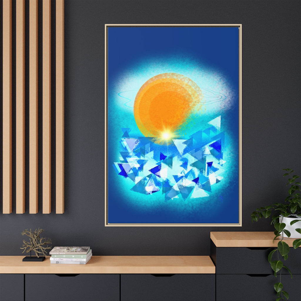 Abstract Sunrise Framed Canvas Art – Orange Sun Over Blue Geometric Waves