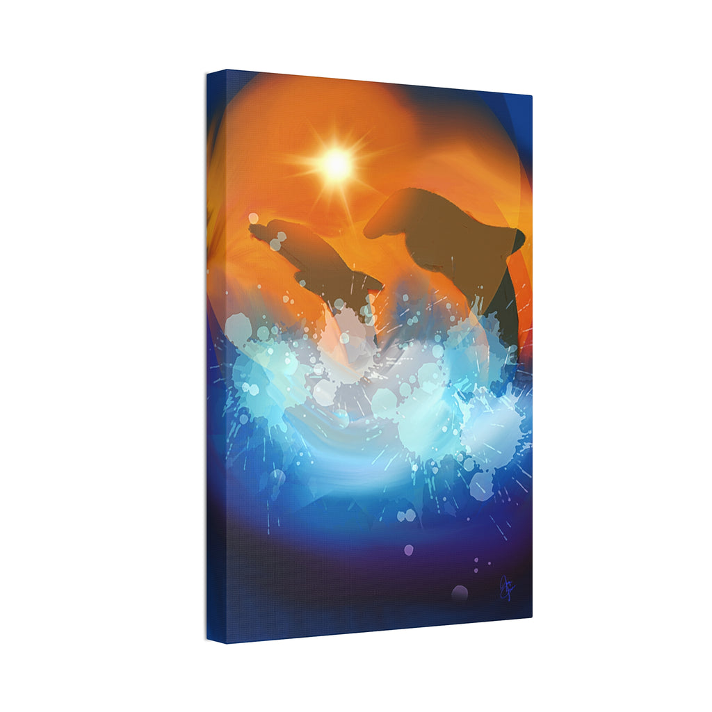 Sunset Dolphin Canvas Wall Art — Vibrant Ocean Sunset Stretch Canvas