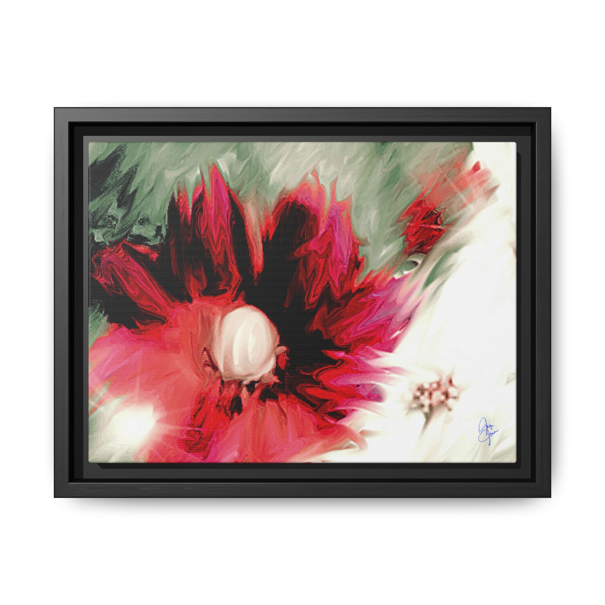 Framed Matte Canvas Print — Blurred Red & White Floral Art